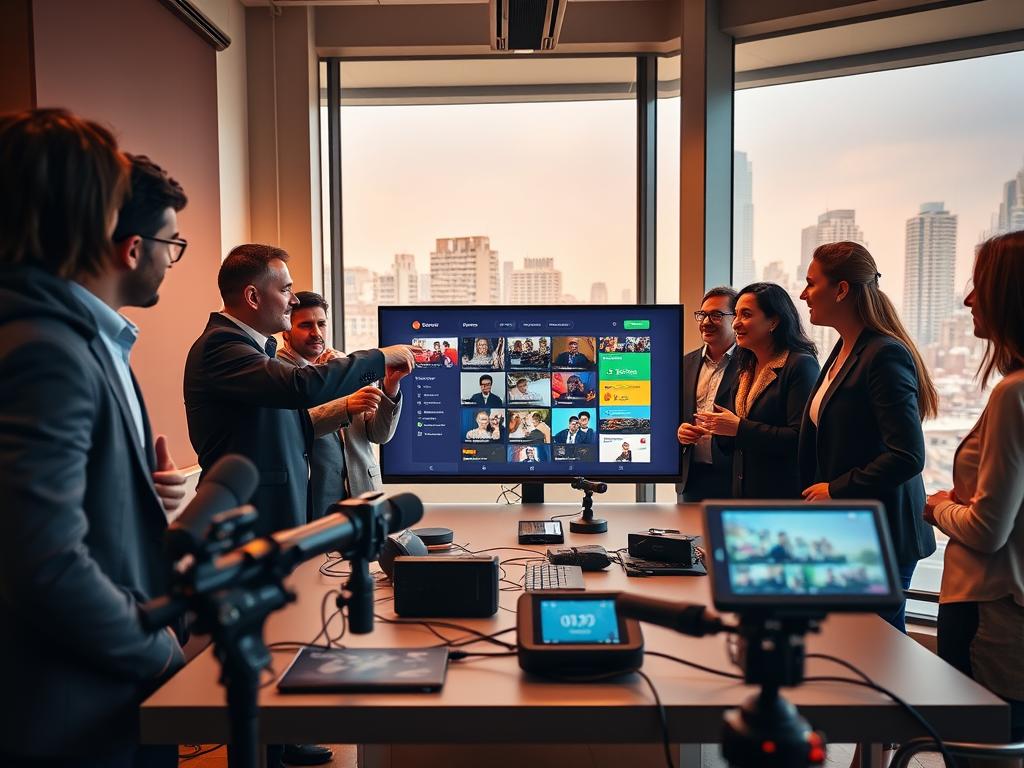 A dynamic digital workspace showcasing a vibrant streaming platform interface on a large screen. In the foreground, a diverse group of cultural organizers, dressed in professional business attire, engage in animated discussion, pointing at the screen with enthusiasm. The middle ground features a sleek table with modern devices, highlighting equipment like cameras and microphones used for streaming. In the background, a large window reveals a bustling cityscape, symbolizing global reach and connectivity. Warm, inviting lighting illuminates the scene, creating an energetic yet professional atmosphere. The composition should be shot from a slightly low angle, enhancing the sense of importance and innovation. The overall mood is inspiring and collaborative, reflecting the evolving nature of cultural events in the digital age. A dynamic digital workspace showcasing a vibrant streaming platform interface on a large screen. In the foreground, a diverse group of cultural organizers, dressed in professional business attire, engage in animated discussion, pointing at the screen with enthusiasm. The middle ground features a sleek table with modern devices, highlighting equipment like cameras and microphones used for streaming. In the background, a large window reveals a bustling cityscape, symbolizing global reach and connectivity. Warm, inviting lighting illuminates the scene, creating an energetic yet professional atmosphere. The composition should be shot from a slightly low angle, enhancing the sense of importance and innovation. The overall mood is inspiring and collaborative, reflecting the evolving nature of cultural events in the digital age.