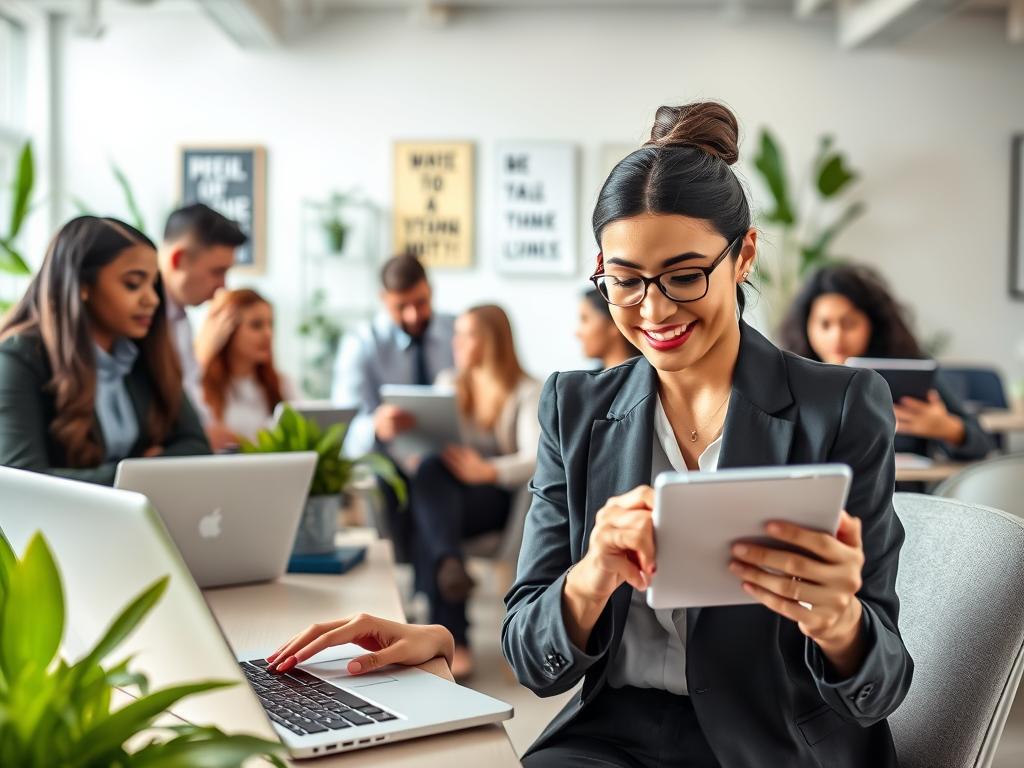 A dynamic office setting showcasing diverse individuals engaged in daily polls on their laptops and tablets. In the foreground, a young woman in professional business attire is enthusiastically participating in a poll on her device, surrounded by colleagues who are curiously watching her results. In the middle ground, a group of professionals of various ethnicities are discussing poll topics, illustrating a collaborative environment. In the background, soft natural lighting illuminates a modern workspace with plants and motivational posters. The atmosphere is vibrant and productive, emphasizing teamwork and engagement in surveys. The perspective is slightly angled to capture the energy and interaction, creating a sense of involvement and motivation. A dynamic office setting showcasing diverse individuals engaged in daily polls on their laptops and tablets. In the foreground, a young woman in professional business attire is enthusiastically participating in a poll on her device, surrounded by colleagues who are curiously watching her results. In the middle ground, a group of professionals of various ethnicities are discussing poll topics, illustrating a collaborative environment. In the background, soft natural lighting illuminates a modern workspace with plants and motivational posters. The atmosphere is vibrant and productive, emphasizing teamwork and engagement in surveys. The perspective is slightly angled to capture the energy and interaction, creating a sense of involvement and motivation.