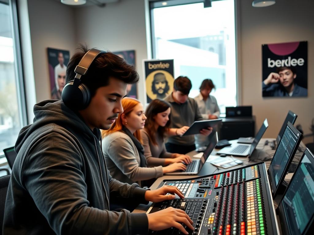 A modern digital music classroom at Berklee College, featuring a diverse group of students engaged in a virtual music production session, showcasing their laptops and audio equipment. In the foreground, a student with headphones adjusts the mixing console, displaying a focused expression. In the middle ground, two students discuss music theory over a tablet, while another input data into their laptop. The background features large windows with soft natural light pouring in, illuminating wall posters of famous musicians and Berklee branding. The atmosphere is vibrant and collaborative, with a high-tech feel, emphasizing artificial intelligence in music creation. The scene captures the essence of innovation and education in the field of music and audio. A modern digital music classroom at Berklee College, featuring a diverse group of students engaged in a virtual music production session, showcasing their laptops and audio equipment. In the foreground, a student with headphones adjusts the mixing console, displaying a focused expression. In the middle ground, two students discuss music theory over a tablet, while another input data into their laptop. The background features large windows with soft natural light pouring in, illuminating wall posters of famous musicians and Berklee branding. The atmosphere is vibrant and collaborative, with a high-tech feel, emphasizing artificial intelligence in music creation. The scene captures the essence of innovation and education in the field of music and audio.