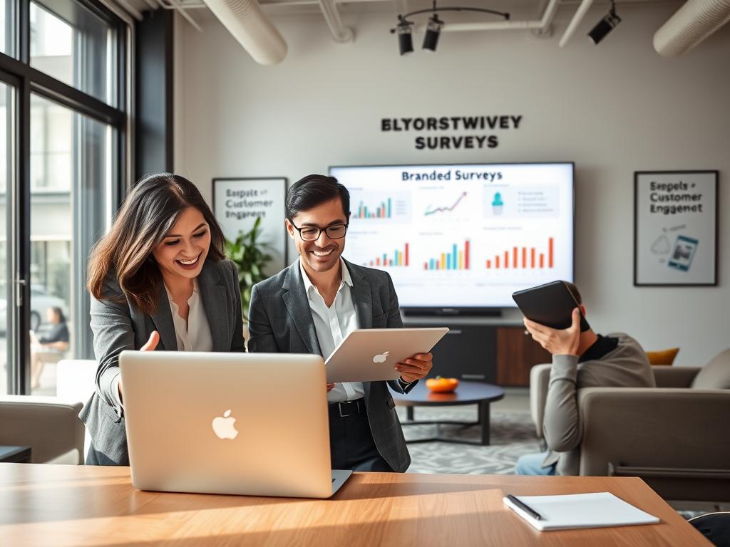 A modern office environment featuring a diverse group of three individuals engaging with digital devices, symbolizing participation in branded surveys. In the foreground, a middle-aged woman in business attire is enthusiastically discussing survey results over a laptop, while a young man in smart casual wear takes notes on a tablet. The middle ground showcases a large screen displaying survey graphs and feedback, with a touch of branding that hints at Branded Surveys without explicit logos. The background includes stylish office furniture and motivational posters about customer engagement. Soft, natural lighting filters through large windows, creating an inviting and professional atmosphere. The overall mood is focused and collaborative, emphasizing trust and reliability in the survey process. A modern office environment featuring a diverse group of three individuals engaging with digital devices, symbolizing participation in branded surveys. In the foreground, a middle-aged woman in business attire is enthusiastically discussing survey results over a laptop, while a young man in smart casual wear takes notes on a tablet. The middle ground showcases a large screen displaying survey graphs and feedback, with a touch of branding that hints at Branded Surveys without explicit logos. The background includes stylish office furniture and motivational posters about customer engagement. Soft, natural lighting filters through large windows, creating an inviting and professional atmosphere. The overall mood is focused and collaborative, emphasizing trust and reliability in the survey process.