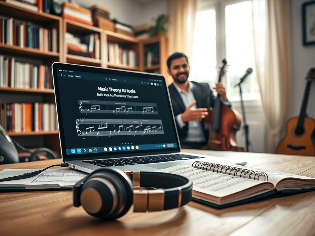 A modern online music course setup featuring a sleek laptop displaying an engaging interface related to music theory and AI tools. In the foreground, a pair of headphones and a notebook filled with musical notes, indicating a study session in progress. In the middle ground, an instructor in professional attire, smiling and gesturing towards the screen as if guiding students through the course. The background showcases a cozy, well-lit room with shelves filled with music books and instruments, creating an inviting learning atmosphere. Soft, natural light streams in through a window, casting a warm glow. The overall mood is upbeat and inspirational, encouraging self-improvement and creativity in music education. A modern online music course setup featuring a sleek laptop displaying an engaging interface related to music theory and AI tools. In the foreground, a pair of headphones and a notebook filled with musical notes, indicating a study session in progress. In the middle ground, an instructor in professional attire, smiling and gesturing towards the screen as if guiding students through the course. The background showcases a cozy, well-lit room with shelves filled with music books and instruments, creating an inviting learning atmosphere. Soft, natural light streams in through a window, casting a warm glow. The overall mood is upbeat and inspirational, encouraging self-improvement and creativity in music education.