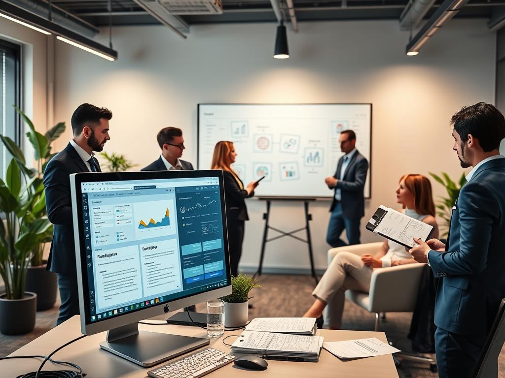 A modern usability testing environment showcasing a variety of usability testing tools. In the foreground, a sleek desktop computer displays a user interface with analytics and feedback tools. Positioned around it are diverse professionals in business attire, engaged in discussions while examining usability test results on tablets and papers. In the middle ground, a large interactive whiteboard features diagrams and flowcharts illustrating key features of usability testing tools. In the background, soft lighting illuminates a contemporary office setting filled with plants and modern furniture, creating a collaborative atmosphere. Capture the scene from a slightly elevated angle, emphasizing teamwork and innovation in user experience design. The mood is focused and dynamic, representing a forward-thinking approach to user research. A modern usability testing environment showcasing a variety of usability testing tools. In the foreground, a sleek desktop computer displays a user interface with analytics and feedback tools. Positioned around it are diverse professionals in business attire, engaged in discussions while examining usability test results on tablets and papers. In the middle ground, a large interactive whiteboard features diagrams and flowcharts illustrating key features of usability testing tools. In the background, soft lighting illuminates a contemporary office setting filled with plants and modern furniture, creating a collaborative atmosphere. Capture the scene from a slightly elevated angle, emphasizing teamwork and innovation in user experience design. The mood is focused and dynamic, representing a forward-thinking approach to user research.