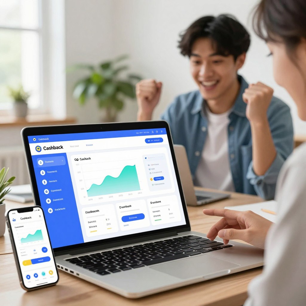 A modern web app extension interface displaying a cashback feature in vibrant colors. In the foreground, a sleek laptop screen shows a user-friendly dashboard with visually appealing graphs and notifications. A smartphone rests beside the laptop, showcasing the same app interface, emphasizing accessibility across devices. In the middle ground, a cheerful young adult in smart casual attire is engaging with the laptop, exuding excitement and focus. The background includes a cozy, well-lit workspace with a houseplant and a window letting in natural light, enhancing the productive atmosphere. The mood is lively and optimistic, reflecting the potential of earning money through online activities. Use a clean, bright lighting effect to highlight the technology and the user's enthusiasm. A modern web app extension interface displaying a cashback feature in vibrant colors. In the foreground, a sleek laptop screen shows a user-friendly dashboard with visually appealing graphs and notifications. A smartphone rests beside the laptop, showcasing the same app interface, emphasizing accessibility across devices. In the middle ground, a cheerful young adult in smart casual attire is engaging with the laptop, exuding excitement and focus. The background includes a cozy, well-lit workspace with a houseplant and a window letting in natural light, enhancing the productive atmosphere. The mood is lively and optimistic, reflecting the potential of earning money through online activities. Use a clean, bright lighting effect to highlight the technology and the user's enthusiasm.