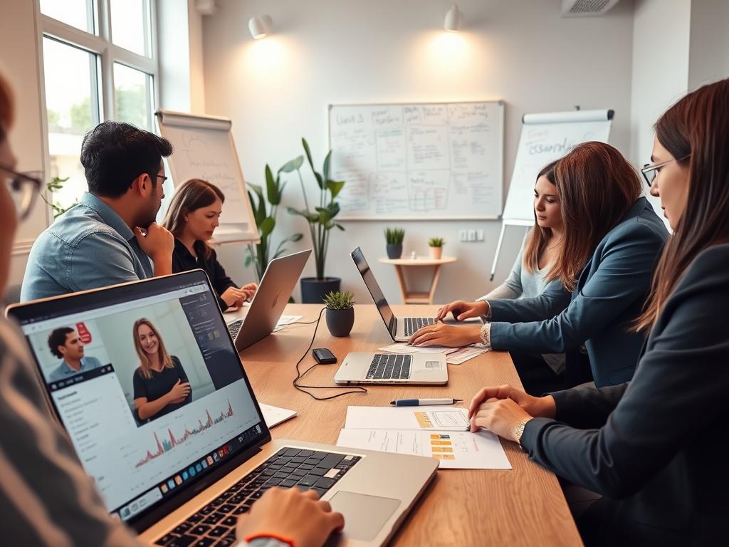 A modern workspace setup for remote usability testing, featuring a diverse group of professionals in business casual attire, focused intently on their laptops as they engage with a user testing platform. In the foreground, a close-up of one participant's laptop screen shows a live video feed of a user interacting with an app, showcasing analytical graphs nearby. The middle ground displays a cozy, well-lit room with plants and a whiteboard filled with user journey maps, creating a collaborative atmosphere. In the background, a large window allows natural light to flood in, enhancing the vibrant and productive feel of the scene. Soft, warm lighting adds a welcoming touch, promoting the essence of research and collaboration. A modern workspace setup for remote usability testing, featuring a diverse group of professionals in business casual attire, focused intently on their laptops as they engage with a user testing platform. In the foreground, a close-up of one participant's laptop screen shows a live video feed of a user interacting with an app, showcasing analytical graphs nearby. The middle ground displays a cozy, well-lit room with plants and a whiteboard filled with user journey maps, creating a collaborative atmosphere. In the background, a large window allows natural light to flood in, enhancing the vibrant and productive feel of the scene. Soft, warm lighting adds a welcoming touch, promoting the essence of research and collaboration.