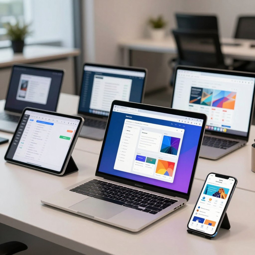 A modern workspace showcasing a diverse array of devices, including smartphones, tablets, and laptops, all displaying different web applications simultaneously. In the foreground, a sleek laptop is open, its screen reflecting colorful app interfaces. To the left, a tablet rests at an angle, showing a testing dashboard, while a smartphone on the right showcases an app in action. In the middle ground, a variety of browsers are visible on the devices’ screens, emphasizing multitasking. The background features a clean, tech-inspired office setting with soft, ambient lighting, creating a professional yet inviting atmosphere. The image has a slight depth of field effect, focusing on the devices in the foreground while softly blurring the background to enhance the tech-centric mood. A modern workspace showcasing a diverse array of devices, including smartphones, tablets, and laptops, all displaying different web applications simultaneously. In the foreground, a sleek laptop is open, its screen reflecting colorful app interfaces. To the left, a tablet rests at an angle, showing a testing dashboard, while a smartphone on the right showcases an app in action. In the middle ground, a variety of browsers are visible on the devices’ screens, emphasizing multitasking. The background features a clean, tech-inspired office setting with soft, ambient lighting, creating a professional yet inviting atmosphere. The image has a slight depth of field effect, focusing on the devices in the foreground while softly blurring the background to enhance the tech-centric mood.