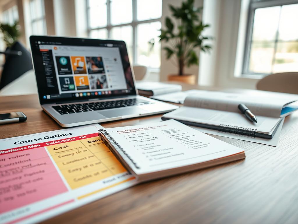 A modern workspace showcasing a sleek laptop surrounded by various materials related to online music education. In the foreground, there’s a well-organized desk featuring colorful course outlines and charts highlighting criteria for selecting music platforms. The middle layer presents a notepad with neatly written bullet points, emphasizing factors like cost, features, and ease of use. The background reveals a bright room with large windows, letting in soft natural light, further enhancing a professional atmosphere. The scene captures a thoughtful mood, ideal for educators looking to create online music courses. Use a wide-angle lens to provide depth, focusing crisply on the desk elements while softly blurring the background. A modern workspace showcasing a sleek laptop surrounded by various materials related to online music education. In the foreground, there’s a well-organized desk featuring colorful course outlines and charts highlighting criteria for selecting music platforms. The middle layer presents a notepad with neatly written bullet points, emphasizing factors like cost, features, and ease of use. The background reveals a bright room with large windows, letting in soft natural light, further enhancing a professional atmosphere. The scene captures a thoughtful mood, ideal for educators looking to create online music courses. Use a wide-angle lens to provide depth, focusing crisply on the desk elements while softly blurring the background.