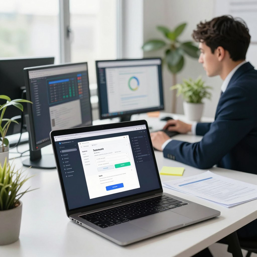 A modern workspace showcasing a software testing environment for mobile applications. In the foreground, a sleek laptop displaying a mock-up of a test app interface, surrounded by notes and testing documentation. The middle layer includes a focused developer wearing professional business attire, analyzing app performance metrics on a second screen. The background features bright, natural lighting from a large window, with potted plants adding a touch of greenery. The atmosphere is one of productivity and innovation, evoking a sense of collaboration and technical expertise. The overall composition presents a clear and organized setting, emphasizing the initial project setup phase in app testing. A modern workspace showcasing a software testing environment for mobile applications. In the foreground, a sleek laptop displaying a mock-up of a test app interface, surrounded by notes and testing documentation. The middle layer includes a focused developer wearing professional business attire, analyzing app performance metrics on a second screen. The background features bright, natural lighting from a large window, with potted plants adding a touch of greenery. The atmosphere is one of productivity and innovation, evoking a sense of collaboration and technical expertise. The overall composition presents a clear and organized setting, emphasizing the initial project setup phase in app testing.