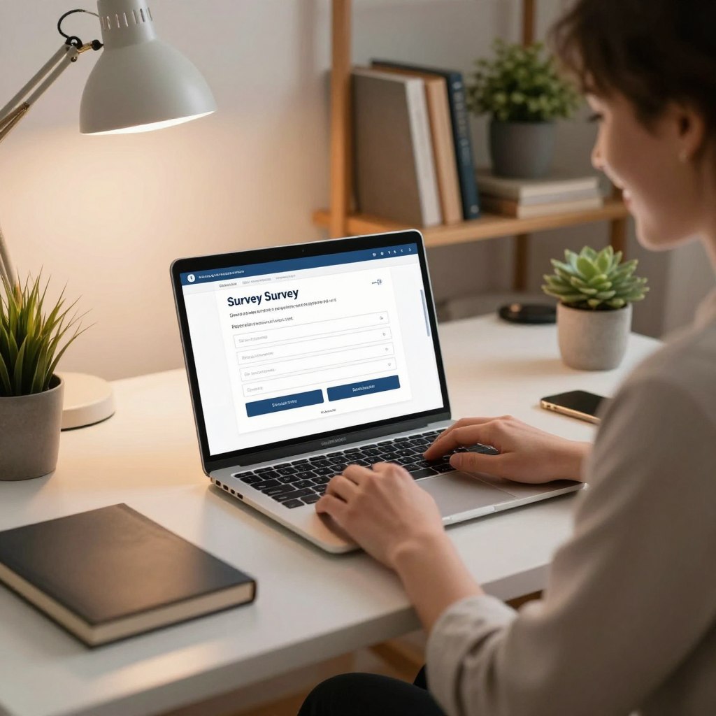 A person sitting at a neat, organized desk in a cozy home office, passionately focused on a laptop screen displaying a survey signup page. The foreground shows the individual, a young adult with a friendly smile, dressed in a smart casual outfit. In the middle ground, the laptop screen is bright, highlighting a simple, user-friendly survey registration interface with basic profile information input fields. The background features warm lighting from a desk lamp, inspiring books on a shelf, and a potted plant, creating a welcoming atmosphere. The scene conveys a sense of ease and productivity, embodying the idea of hassle-free registration and profile creation for online surveys. A person sitting at a neat, organized desk in a cozy home office, passionately focused on a laptop screen displaying a survey signup page. The foreground shows the individual, a young adult with a friendly smile, dressed in a smart casual outfit. In the middle ground, the laptop screen is bright, highlighting a simple, user-friendly survey registration interface with basic profile information input fields. The background features warm lighting from a desk lamp, inspiring books on a shelf, and a potted plant, creating a welcoming atmosphere. The scene conveys a sense of ease and productivity, embodying the idea of hassle-free registration and profile creation for online surveys.