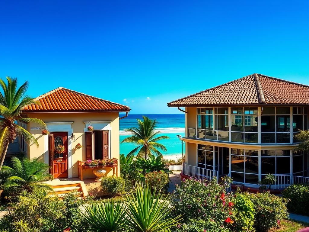 A picturesque scene of "casas particulares" in Matanzas and Varadero, showcasing two charming houses side by side beneath a vibrant blue sky. In the foreground, a well-maintained garden with tropical plants and colorful flowers enhances the welcoming atmosphere. The middle ground features the two houses: one a classic Cuban colonial style with pastel colors, wooden shutters, and a veranda adorned with hanging plants; the other a more modern structure with a tiled roof and expansive windows, reflecting local architectural elements. In the background, the sparkling turquoise waters of Varadero beach are visible, with gentle waves lapping against the shore. The lighting is warm and inviting, simulating a late afternoon sun, casting soft shadows that evoke a relaxed, tranquil mood. The scene embodies the charm and character of private rentals in this beautiful region of Cuba. A picturesque scene of "casas particulares" in Matanzas and Varadero, showcasing two charming houses side by side beneath a vibrant blue sky. In the foreground, a well-maintained garden with tropical plants and colorful flowers enhances the welcoming atmosphere. The middle ground features the two houses: one a classic Cuban colonial style with pastel colors, wooden shutters, and a veranda adorned with hanging plants; the other a more modern structure with a tiled roof and expansive windows, reflecting local architectural elements. In the background, the sparkling turquoise waters of Varadero beach are visible, with gentle waves lapping against the shore. The lighting is warm and inviting, simulating a late afternoon sun, casting soft shadows that evoke a relaxed, tranquil mood. The scene embodies the charm and character of private rentals in this beautiful region of Cuba.