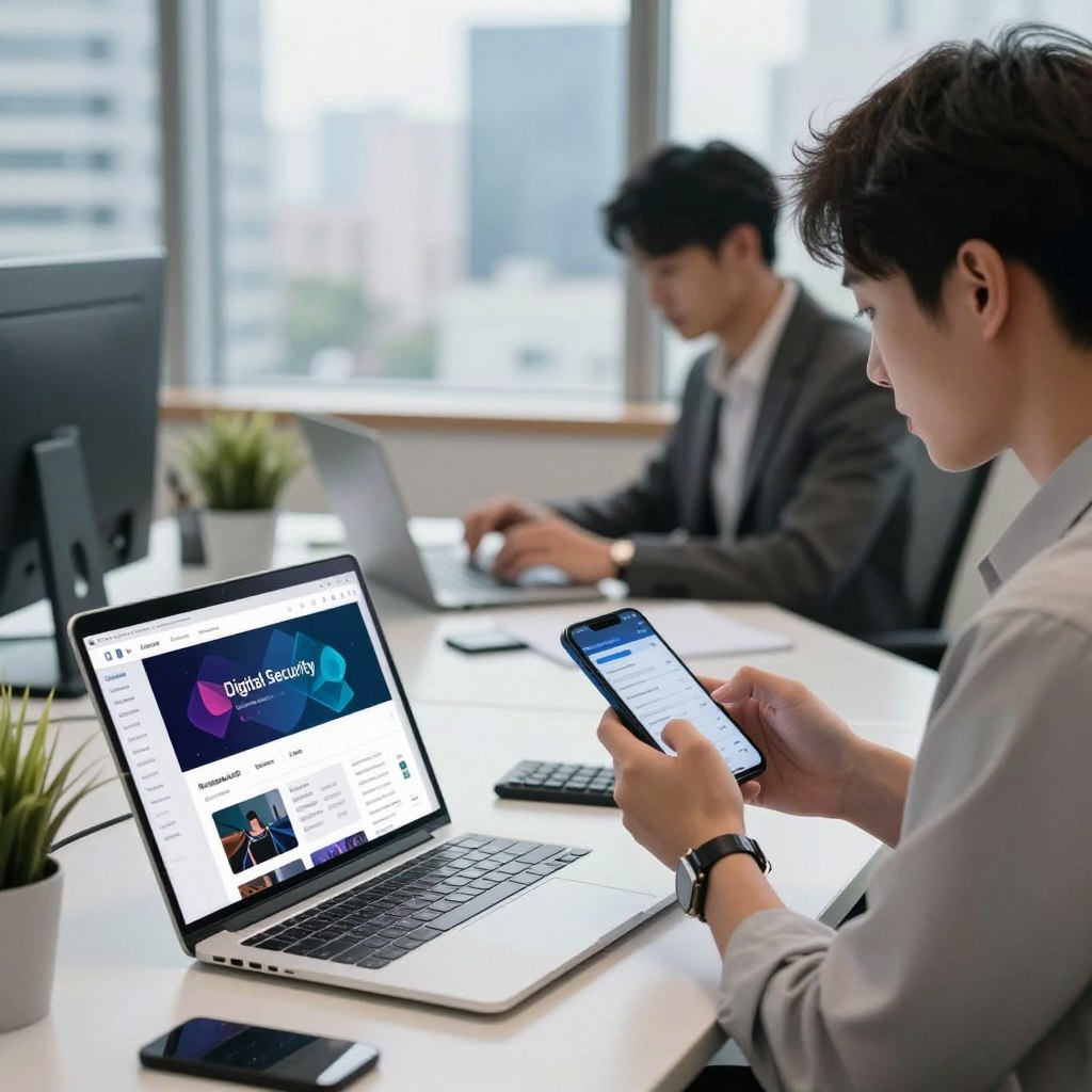 A professional and modern office setting focusing on digital security and online advertising. In the foreground, display a sleek laptop with an open webpage showcasing vibrant ads and analytics. Beside it, a properly dressed individual, a young professional in business casual attire, is intently reviewing security settings on their smartphone. The middle ground features a well-organized desk with visible digital devices and a small potted plant for a touch of greenery. In the background, a large window reveals a bustling cityscape, illuminated by soft natural lighting that symbolizes opportunity. The atmosphere is focused and industrious, conveying a sense of preparation and professionalism. Use a slightly blurred depth of field to highlight the foreground elements while still capturing the essence of the background. A professional and modern office setting focusing on digital security and online advertising. In the foreground, display a sleek laptop with an open webpage showcasing vibrant ads and analytics. Beside it, a properly dressed individual, a young professional in business casual attire, is intently reviewing security settings on their smartphone. The middle ground features a well-organized desk with visible digital devices and a small potted plant for a touch of greenery. In the background, a large window reveals a bustling cityscape, illuminated by soft natural lighting that symbolizes opportunity. The atmosphere is focused and industrious, conveying a sense of preparation and professionalism. Use a slightly blurred depth of field to highlight the foreground elements while still capturing the essence of the background.