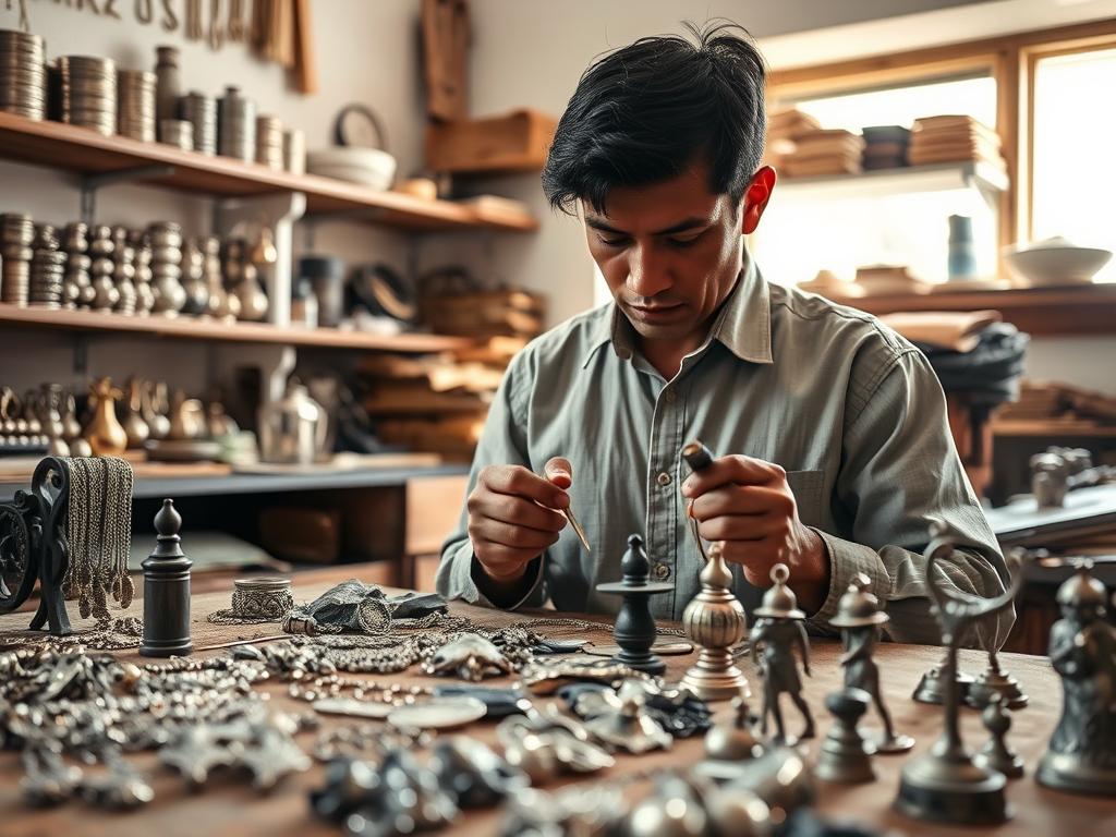 A professional artisan craftsman meticulously inspecting pieces of silver and tin jewelry in a well-lit workshop in Bolivia. In the foreground, showcase a variety of handcrafted silver and tin items, such as intricate necklaces and artisanal figurines, highlighting their textures and shine. In the middle ground, include the artisan wearing modest, professional clothing, deeply focused on quality, surrounded by tools and materials. The background should feature shelves filled with completed crafts and raw materials, with soft, natural lighting streaming through a window, creating a warm, inviting atmosphere. The mood should convey trust and dedication, emphasizing the craftsmanship and attention to detail in choosing a reliable supplier. A professional artisan craftsman meticulously inspecting pieces of silver and tin jewelry in a well-lit workshop in Bolivia. In the foreground, showcase a variety of handcrafted silver and tin items, such as intricate necklaces and artisanal figurines, highlighting their textures and shine. In the middle ground, include the artisan wearing modest, professional clothing, deeply focused on quality, surrounded by tools and materials. The background should feature shelves filled with completed crafts and raw materials, with soft, natural lighting streaming through a window, creating a warm, inviting atmosphere. The mood should convey trust and dedication, emphasizing the craftsmanship and attention to detail in choosing a reliable supplier.