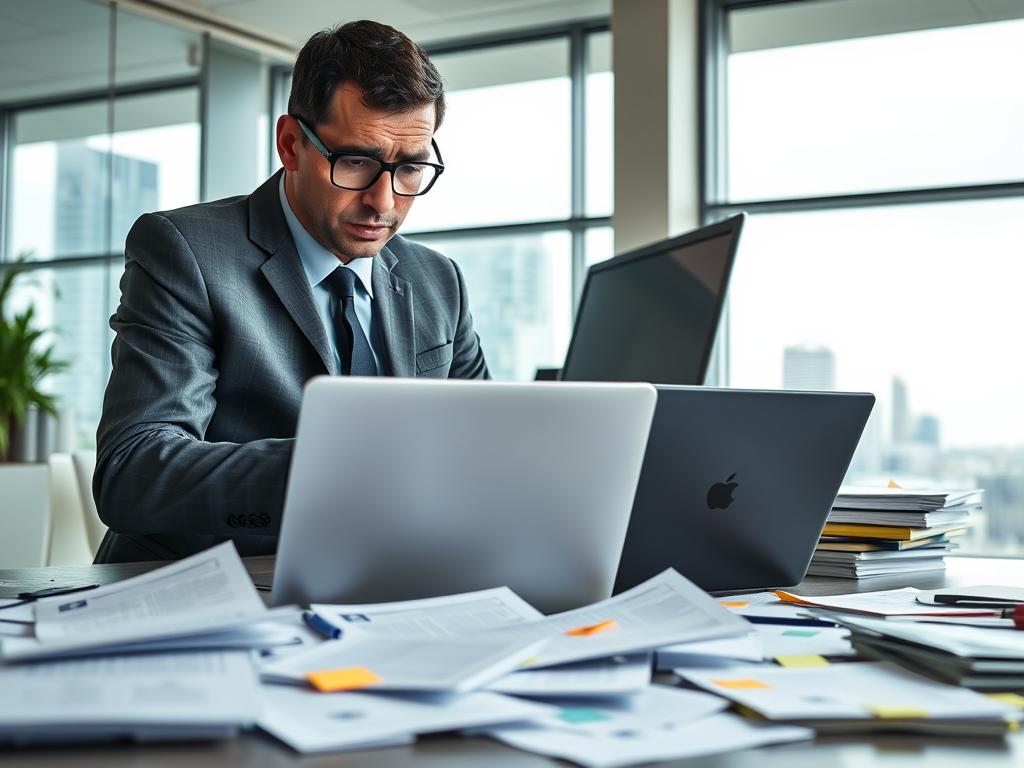 A professional business setting illustrating the uncertainties of online earnings, featuring a worried individual in business attire examining a laptop screen displaying warning symbols, such as exclamation marks and caution signs. In the foreground, include paperwork scattered around, symbolizing common mistakes that can lead to account issues. The middle ground should showcase a modern office environment with subtle hints of disarray, like messy folders and sticky notes, giving an impression of chaos. The background reveals a large window with a city skyline, symbolizing opportunities and challenges. Use soft, diffused lighting for a serious yet contemplative mood, with a slight focus on the individual for emotional impact. Ensure no text, capturing the essence of concern regarding account risk. A professional business setting illustrating the uncertainties of online earnings, featuring a worried individual in business attire examining a laptop screen displaying warning symbols, such as exclamation marks and caution signs. In the foreground, include paperwork scattered around, symbolizing common mistakes that can lead to account issues. The middle ground should showcase a modern office environment with subtle hints of disarray, like messy folders and sticky notes, giving an impression of chaos. The background reveals a large window with a city skyline, symbolizing opportunities and challenges. Use soft, diffused lighting for a serious yet contemplative mood, with a slight focus on the individual for emotional impact. Ensure no text, capturing the essence of concern regarding account risk.