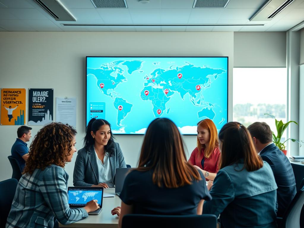 A professional meeting room filled with diverse individuals collaborating on a user recruitment strategy in a global context. In the foreground, a group of three professionals dressed in business attire, engaged in discussion while analyzing data on a laptop. In the middle, a large digital display showcases a map highlighting different global regions with icons representing various user panels. The walls are adorned with motivational posters about user experience. The background features a large window with natural light streaming in, creating a calm, focused atmosphere. The angle captures the dynamic interaction between the team, emphasizing a sense of innovation and teamwork, focusing on user-centric strategies in usability testing. A professional meeting room filled with diverse individuals collaborating on a user recruitment strategy in a global context. In the foreground, a group of three professionals dressed in business attire, engaged in discussion while analyzing data on a laptop. In the middle, a large digital display showcases a map highlighting different global regions with icons representing various user panels. The walls are adorned with motivational posters about user experience. The background features a large window with natural light streaming in, creating a calm, focused atmosphere. The angle captures the dynamic interaction between the team, emphasizing a sense of innovation and teamwork, focusing on user-centric strategies in usability testing.