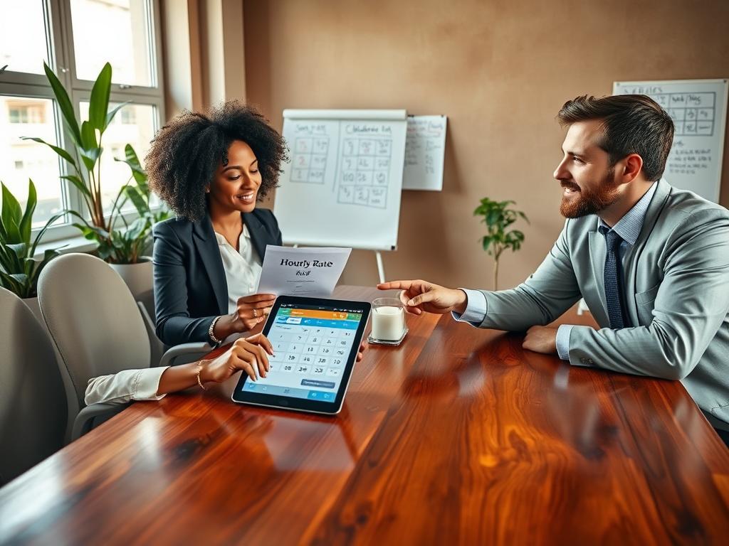 A professional meeting scene illustrating the topic of hourly rates and fair wages. In the foreground, a diverse group of three individuals, two women and one man, dressed in smart casual attire, are seated around a polished wooden table, engaged in a discussion. The woman with curly hair holds a document titled “Hourly Rate” while the man points to a digital tablet showing a salary calculator app. The middle ground features a warm, inviting office space with plants and large windows allowing natural light to fill the room. In the background, a whiteboard displays charts and notes related to childcare rates. The atmosphere is collaborative and focused, emphasizing negotiation and agreement on pricing. The angle captures the scene from slightly above, showcasing the dynamic interactions among the participants.