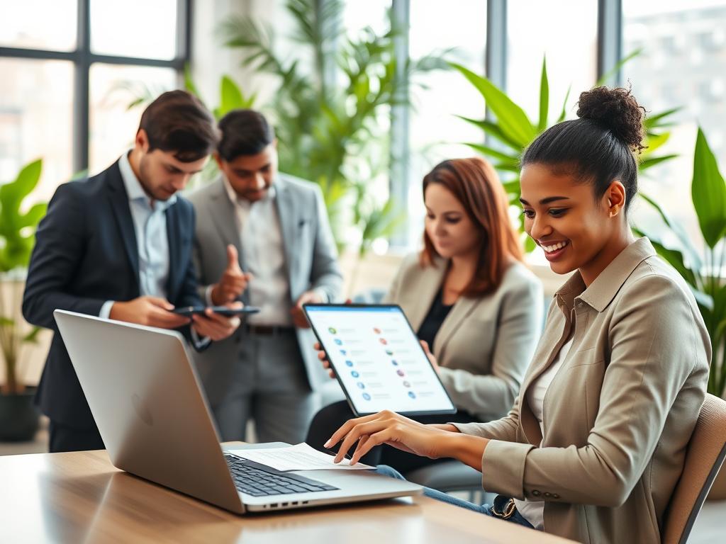 A professional, modern workspace featuring a diverse group of individuals engaged in the process of completing online profiles. In the foreground, a young woman in smart casual attire is focused on her laptop, filling out a profile form, with a friendly smile. In the middle, a few colleagues of varying ages and ethnicities (all dressed in professional business attire) are collaborating, discussing survey options on a tablet. The background showcases a bright, airy office space with natural light streaming through large windows, green plants adding a touch of nature. The atmosphere is cheerful and productive, emphasizing teamwork and individual engagement in a digital survey experience. The image should be well-lit, captured at a slight angle to create depth and focus on the subjects without any text or branding.