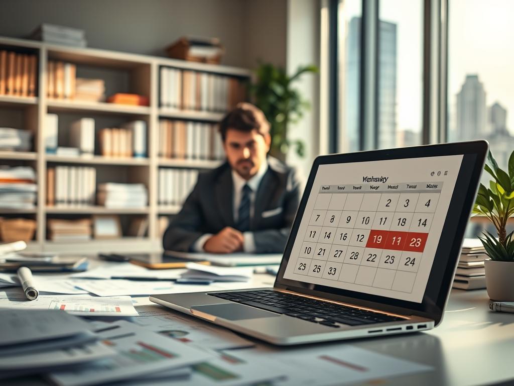 A professional office environment portraying the concept of "business days" in a cohesive and visually engaging way. In the foreground, a close-up of a desktop cluttered with papers showing charts and financial data, a laptop open with a calendar app displaying weekdays highlighted. In the middle ground, an office worker, dressed in smart business attire, analyzing the data with focused determination. The background includes shelves filled with books on finance and productivity, and a large window showing a sunny cityscape, symbolizing opportunity and growth. Soft, natural lighting streaming in creates a bright yet serious atmosphere, while the depth of field pulls attention to the worker and the calendar on the laptop. The overall mood emphasizes efficiency, professionalism, and the importance of timing in business. A professional office environment portraying the concept of "business days" in a cohesive and visually engaging way. In the foreground, a close-up of a desktop cluttered with papers showing charts and financial data, a laptop open with a calendar app displaying weekdays highlighted. In the middle ground, an office worker, dressed in smart business attire, analyzing the data with focused determination. The background includes shelves filled with books on finance and productivity, and a large window showing a sunny cityscape, symbolizing opportunity and growth. Soft, natural lighting streaming in creates a bright yet serious atmosphere, while the depth of field pulls attention to the worker and the calendar on the laptop. The overall mood emphasizes efficiency, professionalism, and the importance of timing in business.