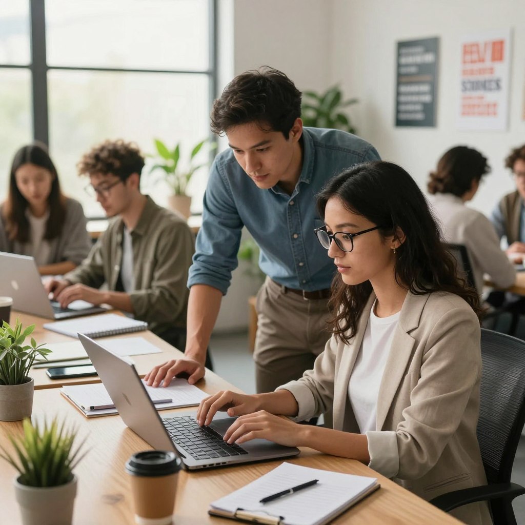 A professional office setting featuring a diverse group of freelancers engaged in the registration process on a laptop for SproutGigs. In the foreground, a young woman wearing glasses in business attire is focused on her screen, while a man in a casual button-up shirt provides assistance beside her. The middle ground includes a stylish desk cluttered with notebooks and a coffee cup, symbolizing productivity. In the background, large windows let in warm, natural light, highlighting a modern workspace ambiance with plants and motivational posters on the wall. The atmosphere is lively and collaborative, conveying a sense of opportunity and determination. The lens captures the scene from a slightly elevated angle, enhancing the dynamic interaction among the freelancers. A professional office setting featuring a diverse group of freelancers engaged in the registration process on a laptop for SproutGigs. In the foreground, a young woman wearing glasses in business attire is focused on her screen, while a man in a casual button-up shirt provides assistance beside her. The middle ground includes a stylish desk cluttered with notebooks and a coffee cup, symbolizing productivity. In the background, large windows let in warm, natural light, highlighting a modern workspace ambiance with plants and motivational posters on the wall. The atmosphere is lively and collaborative, conveying a sense of opportunity and determination. The lens captures the scene from a slightly elevated angle, enhancing the dynamic interaction among the freelancers.