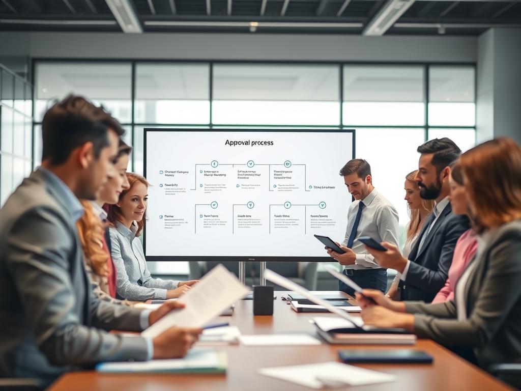 A professional office setting illustrating the "approval process" in a digital work environment. In the foreground, a diverse group of individuals in business attire, actively discussing documents and digital devices, displaying a sense of collaboration and focus. The middle ground features a large screen displaying a flowchart of the approval process with checkmarks and data points represented visually. In the background, a sleek modern office with large windows letting in natural light, creating a bright and positive atmosphere. Use soft lighting to give the scene a professional yet inviting feel, with a shallow depth of field to highlight the key interactions in the foreground. The overall mood conveys efficiency, teamwork, and success. A professional office setting illustrating the "approval process" in a digital work environment. In the foreground, a diverse group of individuals in business attire, actively discussing documents and digital devices, displaying a sense of collaboration and focus. The middle ground features a large screen displaying a flowchart of the approval process with checkmarks and data points represented visually. In the background, a sleek modern office with large windows letting in natural light, creating a bright and positive atmosphere. Use soft lighting to give the scene a professional yet inviting feel, with a shallow depth of field to highlight the key interactions in the foreground. The overall mood conveys efficiency, teamwork, and success.