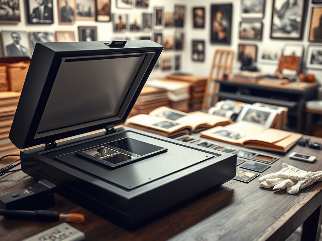 A professional photographer's workspace dedicated to digitalizing old photographs. In the foreground, there is a high-quality flatbed scanner with a partially opened lid, revealing a film negative and a mounted slide ready to be scanned. The middle ground showcases various negatives and slides, carefully laid out, along with tools like a dust brush and a cotton glove. The background features a softly lit room filled with vintage photo albums and framed photographs on the walls, creating a warm, nostalgic atmosphere. The lighting is bright yet diffused, casting gentle shadows, enhancing the detail in the imagery. Capture this scene from a slight angle to showcase the depth and organize it in a way that conveys professionalism and care in preserving photographic history. A professional photographer's workspace dedicated to digitalizing old photographs. In the foreground, there is a high-quality flatbed scanner with a partially opened lid, revealing a film negative and a mounted slide ready to be scanned. The middle ground showcases various negatives and slides, carefully laid out, along with tools like a dust brush and a cotton glove. The background features a softly lit room filled with vintage photo albums and framed photographs on the walls, creating a warm, nostalgic atmosphere. The lighting is bright yet diffused, casting gentle shadows, enhancing the detail in the imagery. Capture this scene from a slight angle to showcase the depth and organize it in a way that conveys professionalism and care in preserving photographic history.
