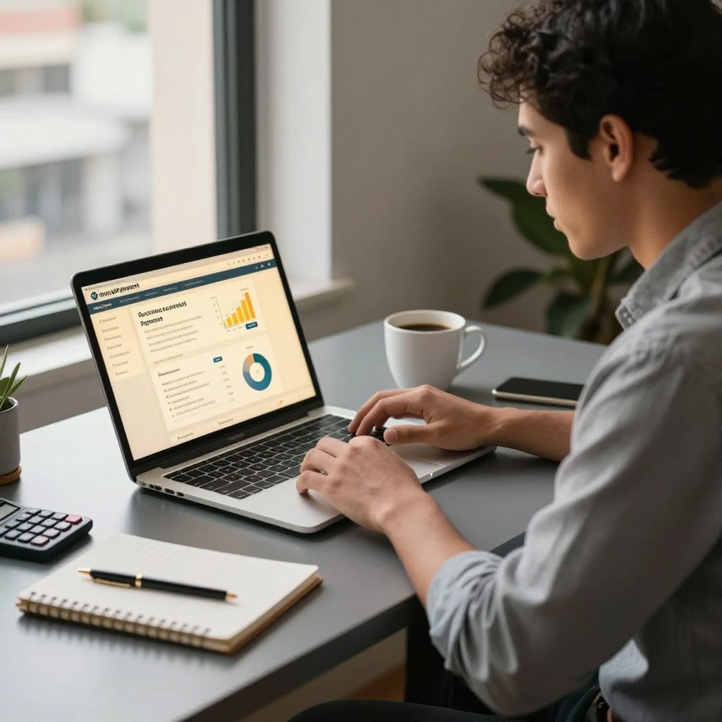 A professional setting showcasing a freelancer in Guatemala, seated at a sleek desk with a laptop open, displaying a digital payment platform interface. The foreground features an organized workspace with a notepad, calculator, and a cup of coffee. The freelancer, a young adult of Guatemalan descent, is dressed in smart casual attire, focused and engaged in their work. In the middle ground, the laptop screen illuminates the scene with a warm glow, highlighting graphs indicating earnings and payments. Soft, natural light filters in through a nearby window, casting gentle shadows and creating a cozy atmosphere. The background hints at a bustling urban setting, with faint outlines of other buildings, symbolizing the growing gig economy in Guatemala. A professional setting showcasing a freelancer in Guatemala, seated at a sleek desk with a laptop open, displaying a digital payment platform interface. The foreground features an organized workspace with a notepad, calculator, and a cup of coffee. The freelancer, a young adult of Guatemalan descent, is dressed in smart casual attire, focused and engaged in their work. In the middle ground, the laptop screen illuminates the scene with a warm glow, highlighting graphs indicating earnings and payments. Soft, natural light filters in through a nearby window, casting gentle shadows and creating a cozy atmosphere. The background hints at a bustling urban setting, with faint outlines of other buildings, symbolizing the growing gig economy in Guatemala.