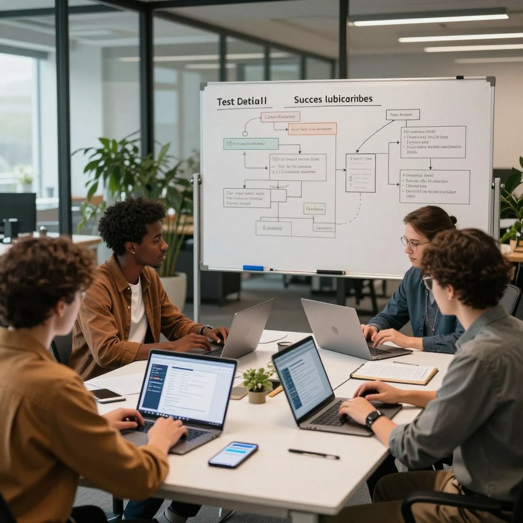 A professional workspace depicting a detailed test case preparation scene. In the foreground, a diverse group of three developers in smart casual clothing are collaborating around a sleek, modern table filled with laptops, notebooks, and mobile devices, showing various app testing stages. In the middle ground, a large whiteboard is filled with flowcharts and diagrams that visualize objectives, scope, and success criteria, emphasizing a systematic approach to app testing. The background reveals a glass-walled office filled with greenery, enhancing a productive atmosphere. Soft, natural lighting filters through the windows, casting a warm glow over the workspace, creating an inviting and focused environment that conveys teamwork and precision in software testing. A professional workspace depicting a detailed test case preparation scene. In the foreground, a diverse group of three developers in smart casual clothing are collaborating around a sleek, modern table filled with laptops, notebooks, and mobile devices, showing various app testing stages. In the middle ground, a large whiteboard is filled with flowcharts and diagrams that visualize objectives, scope, and success criteria, emphasizing a systematic approach to app testing. The background reveals a glass-walled office filled with greenery, enhancing a productive atmosphere. Soft, natural lighting filters through the windows, casting a warm glow over the workspace, creating an inviting and focused environment that conveys teamwork and precision in software testing.