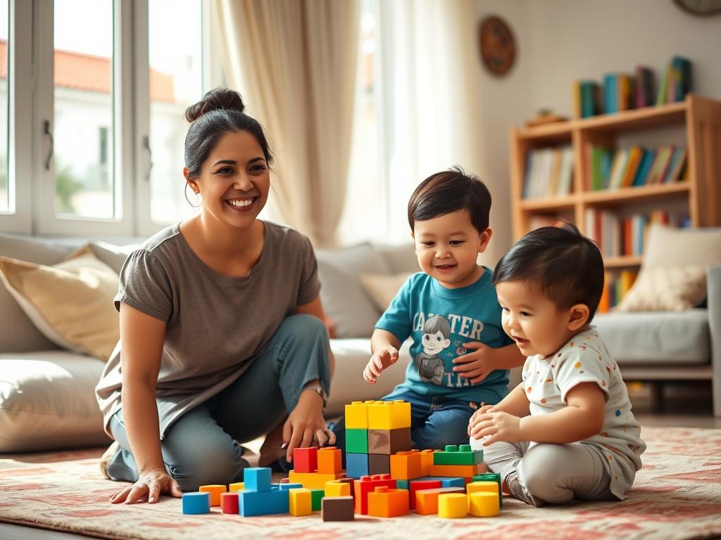 A reliable and caring babysitter in Cuba, smiling warmly while playing with a young child in a cozy, sunlit living room. The foreground features the babysitter, a Latina woman in modest casual clothing, kneeling beside the child with a playful expression. The child, about four years old, is engaged with colorful building blocks, showcasing a joyful moment. In the middle ground, soft cushions and a bookshelf filled with children's books create a welcoming atmosphere. In the background, a window reveals a glimpse of a vibrant Cuban neighborhood outside. The lighting is soft and natural, highlighting the warmth and happiness of the scene, evoking trust and comfort in childcare. The angle is slightly elevated, giving a clear view of the interaction.