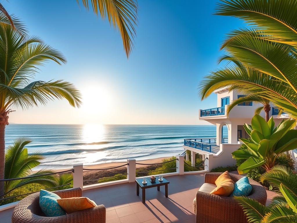 A serene beachfront property with a stunning view of the ocean, surrounded by swaying palm trees and lush tropical plants. In the foreground, a cozy terrace with elegant outdoor furniture invites relaxation, adorned with colorful cushions and a small table set for two. The middle ground features a charming villa with white stucco walls and blue accents, showcasing a balcony overlooking the sea. Waves gently lap at the shore, reflecting the warm glow of late afternoon sunlight. In the background, a clear blue sky transitions to soft pastel hues as the sun sets on the horizon. The atmosphere is tranquil and inviting, evoking a sense of peaceful escape. Capture the scene from a slightly elevated angle to emphasize the panoramic vista. A serene beachfront property with a stunning view of the ocean, surrounded by swaying palm trees and lush tropical plants. In the foreground, a cozy terrace with elegant outdoor furniture invites relaxation, adorned with colorful cushions and a small table set for two. The middle ground features a charming villa with white stucco walls and blue accents, showcasing a balcony overlooking the sea. Waves gently lap at the shore, reflecting the warm glow of late afternoon sunlight. In the background, a clear blue sky transitions to soft pastel hues as the sun sets on the horizon. The atmosphere is tranquil and inviting, evoking a sense of peaceful escape. Capture the scene from a slightly elevated angle to emphasize the panoramic vista.