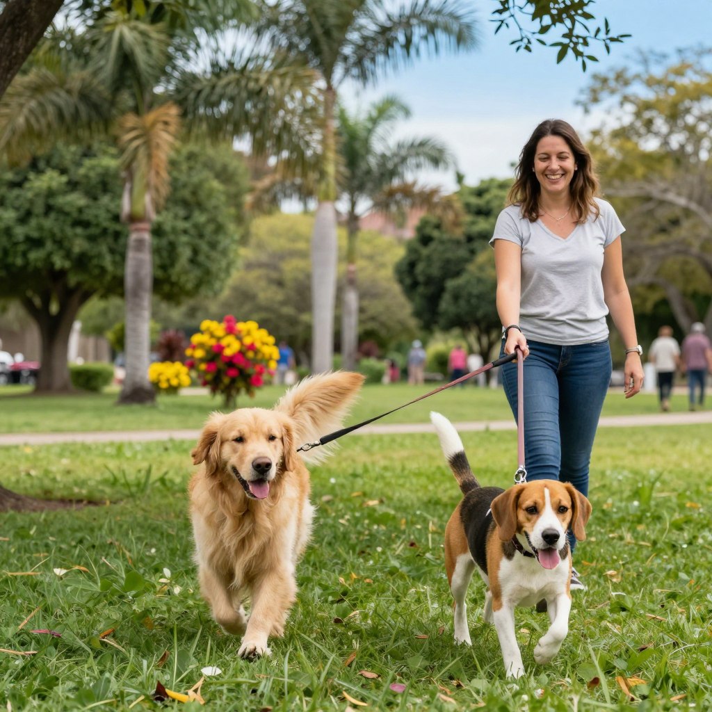 A serene outdoor setting featuring a lush green park in Guatemala, with two friendly dogs happily walking alongside their owners. In the foreground, focus on a woman in casual attire holding the leashes of the dogs, showcasing a warm smile as she enjoys the stroll. In the middle, capture the dogs' playful demeanor, showcasing a fluffy golden retriever and an energetic beagle with their tails wagging. In the background, depict vibrant palm trees and colorful flowers, typical of the Guatemalan landscape, under a clear blue sky. Soft sunlight filters through the leaves, creating a cheerful and inviting atmosphere. The overall mood is friendly and caring, highlighting the joy of pet ownership and companionship.