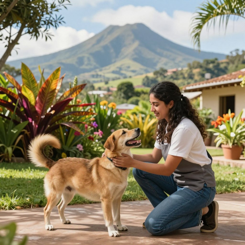 A serene pet care scene set in Guatemala, showcasing a professional pet sitter interacting with a joyful dog in a sunny, tranquil outdoor setting. In the foreground, depict the pet sitter wearing casual yet professional clothing, kneeling to engage with the dog who is playfully wagging its tail. In the middle ground, include a lush garden featuring vibrant tropical plants and flowers, enhancing the warmth of the environment. The background should portray a beautiful view of a typical Guatemalan landscape with rolling hills and a clear blue sky. Soft, natural lighting fills the scene, creating an inviting and friendly atmosphere, ideal for pet care. The composition should evoke a sense of trust and happiness between the pet sitter and the dog.