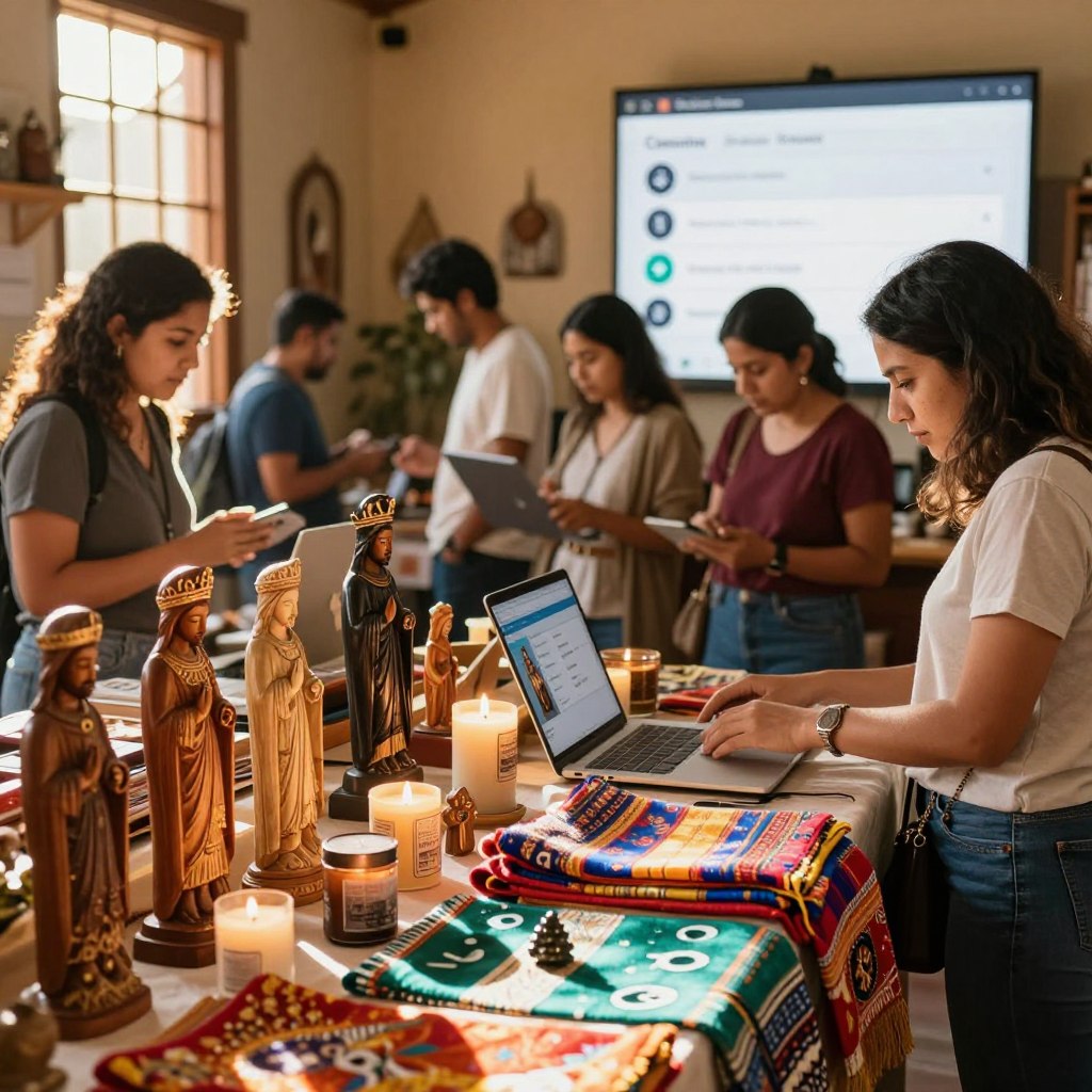 A serene scene of a bustling online marketplace showcasing a variety of religious items, such as intricate wooden carvings of saints, handmade candles, and colorful textiles. In the foreground, a well-organized display table features vibrant, eye-catching filters represented by symbols or colors, inviting customers to explore. The middle ground captures shoppers browsing, dressed in modest casual clothing, examining the products with curiosity. In the background, a softly lit digital interface highlights sorting options, enhancing a feeling of ease and accessibility. Golden sunlight pours through a window, casting warm, inviting shadows across the scene, creating a welcoming and uplifting atmosphere that reflects the community spirit of online shopping for religious items in Guatemala.