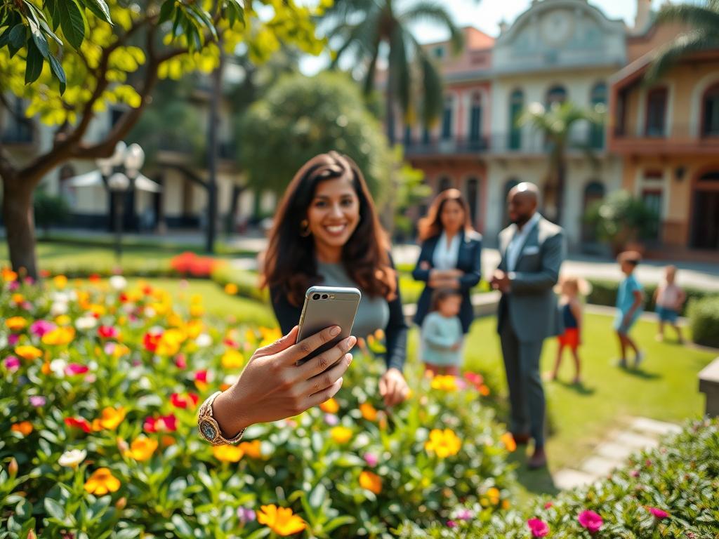 A serene urban environment showcasing a vibrant neighborhood in Cuba, focused on a public park filled with lush greenery and colorful flowers. In the foreground, a friendly, professional-looking woman in modest casual attire holds a smartphone, selectively using a location filter to browse available childcare providers. In the middle ground, a few other individuals, also in professional attire, engage in conversation while observing children playing. The background features charming Cuban architecture, enhancing the cultural context, with soft sunlight illuminating the scene, creating a warm and inviting atmosphere. The image should capture the essence of community, safety, and accessibility while highlighting the search for nearby childcare options. High-resolution, bright colors, taken from a slight low angle to convey the importance and relevance of the subject.