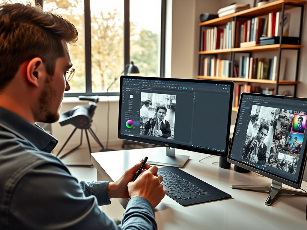 A skilled editor carefully colorizes and restores an old black-and-white photograph at a bright, modern workspace. In the foreground, the editor, dressed in smart casual attire, sits at a sleek desk with a digital tablet and stylus in hand, focused on the image on screen. The middle ground features the vibrant interface of Photoshop open, showcasing tools and layers filled with vivid colors and textures being applied to the vintage photo. In the background, daylight streams through a large window, illuminating shelves filled with photography books and equipment. The mood is professional and creative, emphasizing advanced techniques for photo editing, with a clear focus on colorization and restoration that brings history to life. A skilled editor carefully colorizes and restores an old black-and-white photograph at a bright, modern workspace. In the foreground, the editor, dressed in smart casual attire, sits at a sleek desk with a digital tablet and stylus in hand, focused on the image on screen. The middle ground features the vibrant interface of Photoshop open, showcasing tools and layers filled with vivid colors and textures being applied to the vintage photo. In the background, daylight streams through a large window, illuminating shelves filled with photography books and equipment. The mood is professional and creative, emphasizing advanced techniques for photo editing, with a clear focus on colorization and restoration that brings history to life.