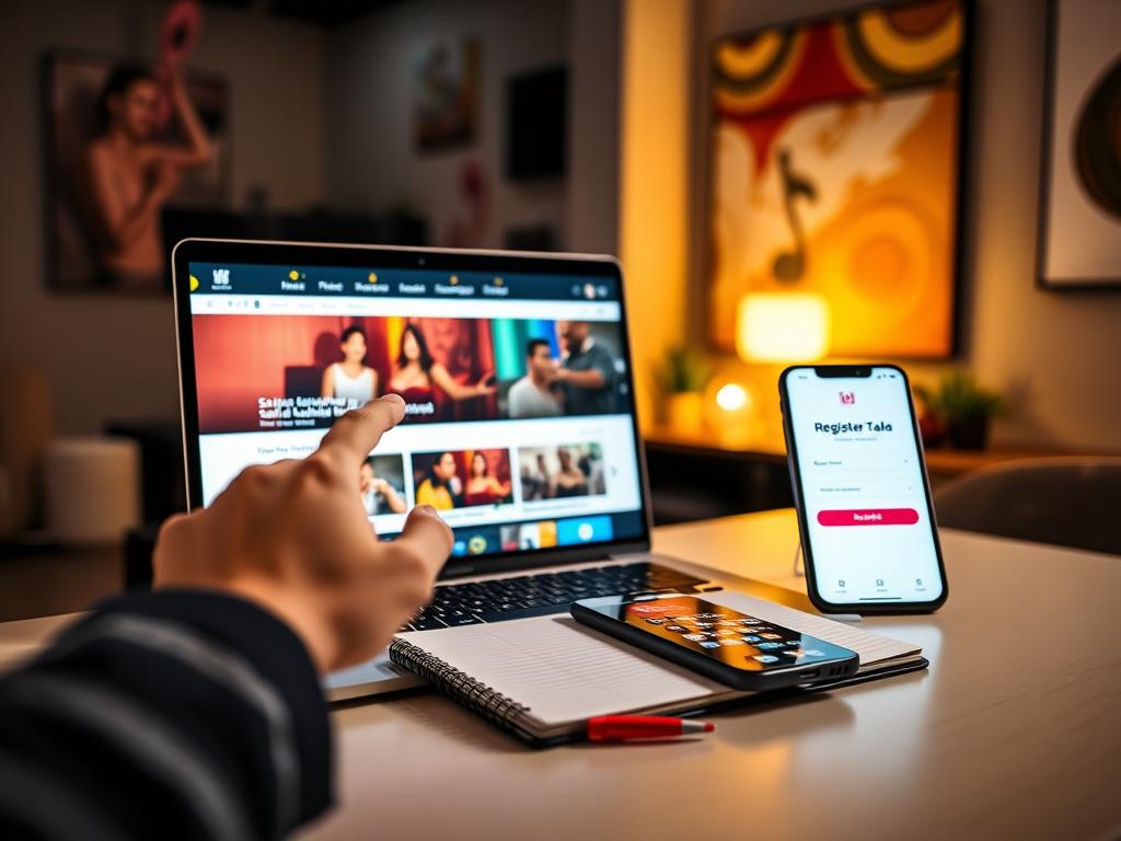 A sleek modern workspace featuring a stylish laptop open to a streaming platform interface, displaying vibrant salsa and bachata music videos. In the foreground, a hand is shown reaching toward the screen, symbolizing access and engagement with exclusive content. In the middle ground, a notebook and a smartphone hint at the registration process with a visually appealing design, conveying anticipation. The background is softly blurred, highlighting a warm and inviting ambiance, illuminated by soft, ambient lighting that creates an optimistic mood. The space is decorated with musical notes and abstract art related to salsa and bachata, enhancing the cultural theme. The overall atmosphere is professional yet inviting, suitable for digital entertainment enthusiasts. A sleek modern workspace featuring a stylish laptop open to a streaming platform interface, displaying vibrant salsa and bachata music videos. In the foreground, a hand is shown reaching toward the screen, symbolizing access and engagement with exclusive content. In the middle ground, a notebook and a smartphone hint at the registration process with a visually appealing design, conveying anticipation. The background is softly blurred, highlighting a warm and inviting ambiance, illuminated by soft, ambient lighting that creates an optimistic mood. The space is decorated with musical notes and abstract art related to salsa and bachata, enhancing the cultural theme. The overall atmosphere is professional yet inviting, suitable for digital entertainment enthusiasts.