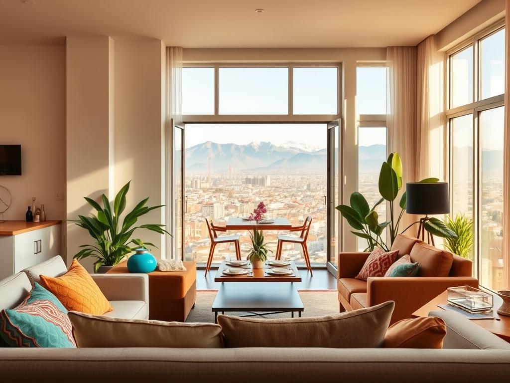 A stunning interior of a stylish Airbnb apartment in La Paz, showcasing a bright and airy living space. In the foreground, a cozy seating area with modern furniture and colorful cushions is set up for relaxation. A picturesque window reveals a breathtaking view of the vibrant La Paz skyline in the background, with mountains gently framing the city. Warm, natural light floods the room, creating an inviting atmosphere. In the middle area, a table is elegantly set, hinting at a welcoming gathering space for guests. Soft, neutral tones and lively plants enhance the serene ambiance. The image conveys a sense of comfort and tranquility, appealing to travelers seeking exceptional rental experiences in this unique location. A stunning interior of a stylish Airbnb apartment in La Paz, showcasing a bright and airy living space. In the foreground, a cozy seating area with modern furniture and colorful cushions is set up for relaxation. A picturesque window reveals a breathtaking view of the vibrant La Paz skyline in the background, with mountains gently framing the city. Warm, natural light floods the room, creating an inviting atmosphere. In the middle area, a table is elegantly set, hinting at a welcoming gathering space for guests. Soft, neutral tones and lively plants enhance the serene ambiance. The image conveys a sense of comfort and tranquility, appealing to travelers seeking exceptional rental experiences in this unique location.