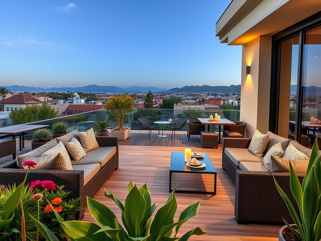 A stylish outdoor patio in a modern La Paz apartment, featuring sleek furniture, a cozy seating arrangement with plush cushions, and a glass coffee table. In the foreground, potted green plants and colorful flowers add vibrancy. The middle ground showcases a stylish wooden deck, with an inviting table set for a casual meal, and ambient lighting fixtures casting a warm glow. In the background, a scenic view of the San Miguel neighborhood and distant mountains under a clear blue sky creates a serene atmosphere. The lighting is soft and natural, simulating late afternoon sunlight, captured from a slightly elevated angle to emphasize the inviting space. The overall mood is tranquil, modern, and upscale, perfect for relaxation and socializing. A stylish outdoor patio in a modern La Paz apartment, featuring sleek furniture, a cozy seating arrangement with plush cushions, and a glass coffee table. In the foreground, potted green plants and colorful flowers add vibrancy. The middle ground showcases a stylish wooden deck, with an inviting table set for a casual meal, and ambient lighting fixtures casting a warm glow. In the background, a scenic view of the San Miguel neighborhood and distant mountains under a clear blue sky creates a serene atmosphere. The lighting is soft and natural, simulating late afternoon sunlight, captured from a slightly elevated angle to emphasize the inviting space. The overall mood is tranquil, modern, and upscale, perfect for relaxation and socializing.