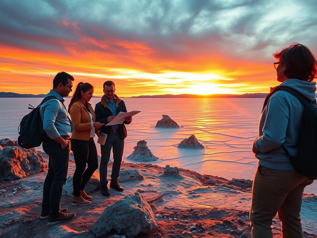 A vibrant Bolivian salt flat landscape at sunset, showcasing the natural beauty and unique features of the region. In the foreground, a group of tourists in professional attire and modest casual clothing engage actively in discussions, examining a map and taking notes, representing strategic planning. The middle ground features interesting rock formations and the shimmering salt crust, reflecting the warm colors of the sky. The background highlights vast, undulating salt flats extending towards the horizon, with distant mountains silhouetted against the vibrant sunset. Soft, golden lighting enhances the mood of inspiration and collaboration, while the atmosphere conveys a sense of potential for tourism development in this unique destination.