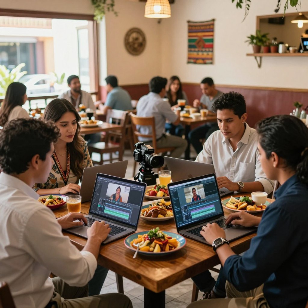 A vibrant and bustling restaurant scene in Guatemala, filled with diverse professionals analyzing video editing footage on modern laptops. In the foreground, a mixed group of three people—two men and one woman—are engaged in a discussion, dressed in smart casual attire, representing various ethnic backgrounds. The middle ground features an assortment of colorful dishes typical of Guatemalan cuisine displayed on a wooden table, alongside camera equipment and editing software on their screens. The background showcases a bright, inviting restaurant interior with warm lighting and traditional decor. Soft window light filters in, casting a warm glow that enhances the friendly, focused atmosphere, symbolizing collaboration and creativity in defining objectives and audiences before video editing. The angle captures both the interaction and the lively restaurant ambience, emphasizing the essence of communication in the editing process. A vibrant and bustling restaurant scene in Guatemala, filled with diverse professionals analyzing video editing footage on modern laptops. In the foreground, a mixed group of three people—two men and one woman—are engaged in a discussion, dressed in smart casual attire, representing various ethnic backgrounds. The middle ground features an assortment of colorful dishes typical of Guatemalan cuisine displayed on a wooden table, alongside camera equipment and editing software on their screens. The background showcases a bright, inviting restaurant interior with warm lighting and traditional decor. Soft window light filters in, casting a warm glow that enhances the friendly, focused atmosphere, symbolizing collaboration and creativity in defining objectives and audiences before video editing. The angle captures both the interaction and the lively restaurant ambience, emphasizing the essence of communication in the editing process.