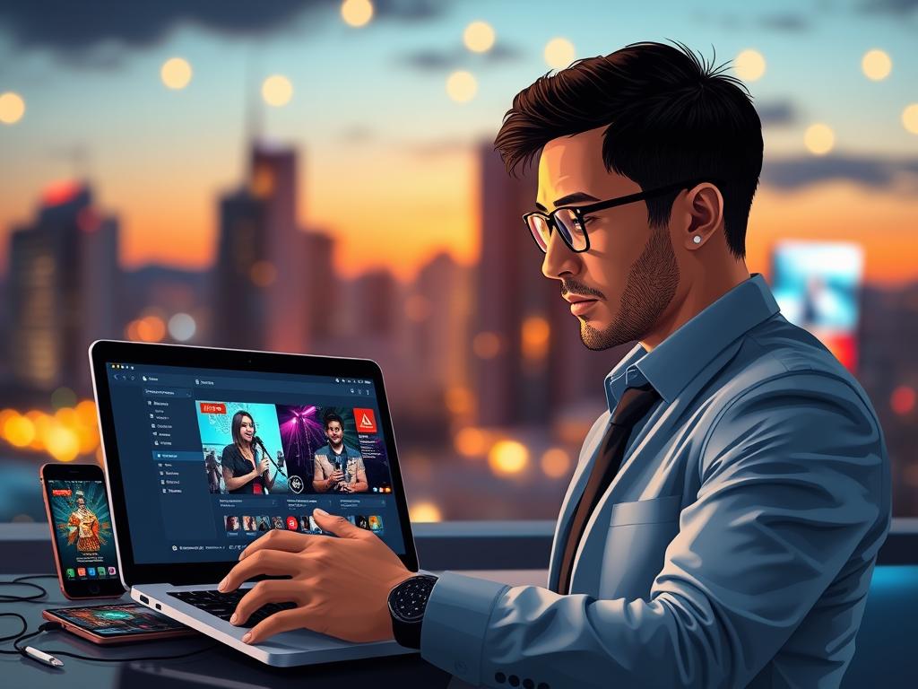 A vibrant and dynamic digital illustration representing "conexión." In the foreground, a professional-looking individual, dressed in smart casual attire, is intently engaged with a laptop displaying a streaming interface. The middle ground features various digital devices like smartphones and tablets with cultural festival icons glowing on their screens, symbolizing connectivity. The background is a soft-focus cityscape at dusk, illuminated by streaming lights and gentle bokeh effects, creating a lively yet calming atmosphere. Warm, ambient lighting casts a professional glow, suggesting a welcoming environment for viewers. The overall mood is one of excitement and collaboration in cultural experiences, highlighting the technical requirements for stable online transmissions. A vibrant and dynamic digital illustration representing "conexión." In the foreground, a professional-looking individual, dressed in smart casual attire, is intently engaged with a laptop displaying a streaming interface. The middle ground features various digital devices like smartphones and tablets with cultural festival icons glowing on their screens, symbolizing connectivity. The background is a soft-focus cityscape at dusk, illuminated by streaming lights and gentle bokeh effects, creating a lively yet calming atmosphere. Warm, ambient lighting casts a professional glow, suggesting a welcoming environment for viewers. The overall mood is one of excitement and collaboration in cultural experiences, highlighting the technical requirements for stable online transmissions.