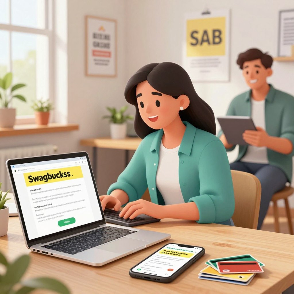 A vibrant and engaging digital illustration depicting various ways to earn Swagbucks (SB) beyond clicking on ads. In the foreground, showcase a desk cluttered with a laptop displaying survey forms, a smartphone showing an app, and a stack of gift cards. In the middle ground, a young professional woman in smart casual attire is enthusiastically typing on her laptop, while a man sits beside her, holding a tablet and smiling, indicating collaborative work. The background features a bright and inviting workspace with motivational posters about online earning and financial freedom. Soft, natural lighting floods the scene from a nearby window, creating a warm atmosphere that encourages productivity and innovation. The overall mood is uplifting and inspiring, inviting viewers to explore new earning opportunities. A vibrant and engaging digital illustration depicting various ways to earn Swagbucks (SB) beyond clicking on ads. In the foreground, showcase a desk cluttered with a laptop displaying survey forms, a smartphone showing an app, and a stack of gift cards. In the middle ground, a young professional woman in smart casual attire is enthusiastically typing on her laptop, while a man sits beside her, holding a tablet and smiling, indicating collaborative work. The background features a bright and inviting workspace with motivational posters about online earning and financial freedom. Soft, natural lighting floods the scene from a nearby window, creating a warm atmosphere that encourages productivity and innovation. The overall mood is uplifting and inspiring, inviting viewers to explore new earning opportunities.