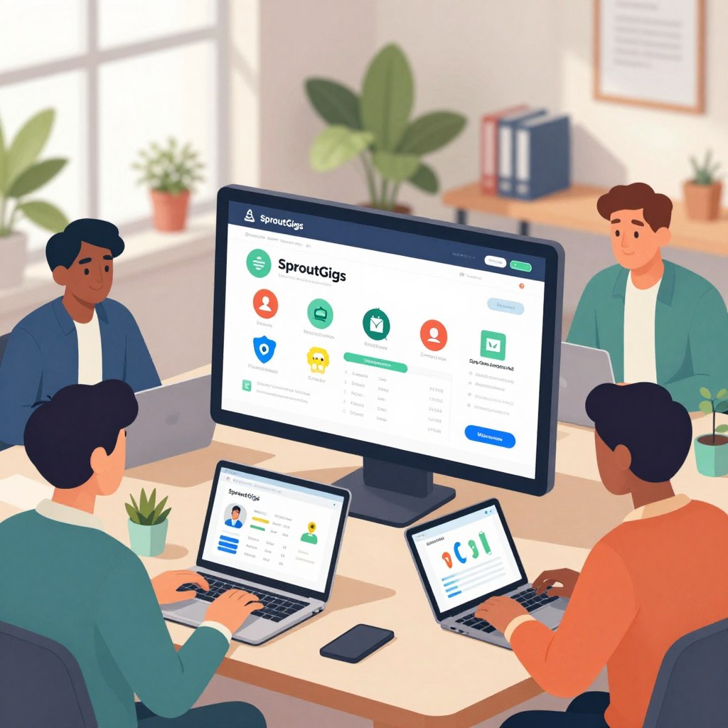 A vibrant and engaging illustration of the SproutGigs platform in action. In the foreground, a diverse group of professional freelancers, dressed in smart business attire, are actively collaborating on tasks using laptops and tablets. The middle ground showcases a digital dashboard with colorful icons representing various roles and tasks, symbolizing the microtask dynamic. In the background, a stylized workspace with plants and bright lighting creates a positive, energetic atmosphere. Soft natural light pours in through large windows, enhancing the productivity feel while capturing a sense of teamwork and innovation. The angle focuses on the interaction between the freelancers and their digital tools, emphasizing the collaborative spirit of SproutGigs without any text or overlays. A vibrant and engaging illustration of the SproutGigs platform in action. In the foreground, a diverse group of professional freelancers, dressed in smart business attire, are actively collaborating on tasks using laptops and tablets. The middle ground showcases a digital dashboard with colorful icons representing various roles and tasks, symbolizing the microtask dynamic. In the background, a stylized workspace with plants and bright lighting creates a positive, energetic atmosphere. Soft natural light pours in through large windows, enhancing the productivity feel while capturing a sense of teamwork and innovation. The angle focuses on the interaction between the freelancers and their digital tools, emphasizing the collaborative spirit of SproutGigs without any text or overlays.