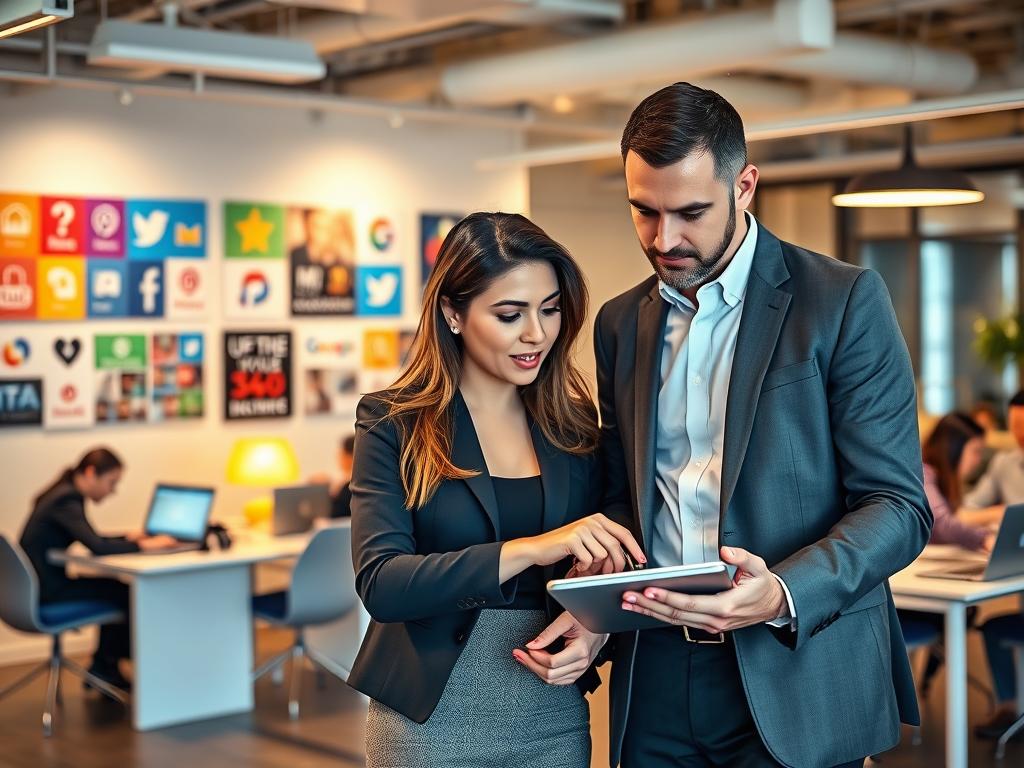 A vibrant and engaging scene depicting the interaction of social networks in a business context. In the foreground, two professionals, one a woman and the other a man, dressed in smart business attire, are intently discussing a digital device, such as a tablet or laptop showing social media analytics. The middle ground includes a modern workspace with colorful posters of popular social media platforms on the walls. In the background, a softly lit office environment highlights teamwork, with colleagues collaborating over laptops and tending to customer inquiries. The atmosphere is dynamic and professional, emphasizing connectivity and customer service. Use warm, inviting lighting to create a sense of approachability, and a wide-angle perspective to capture the collaborative essence of the scene. A vibrant and engaging scene depicting the interaction of social networks in a business context. In the foreground, two professionals, one a woman and the other a man, dressed in smart business attire, are intently discussing a digital device, such as a tablet or laptop showing social media analytics. The middle ground includes a modern workspace with colorful posters of popular social media platforms on the walls. In the background, a softly lit office environment highlights teamwork, with colleagues collaborating over laptops and tending to customer inquiries. The atmosphere is dynamic and professional, emphasizing connectivity and customer service. Use warm, inviting lighting to create a sense of approachability, and a wide-angle perspective to capture the collaborative essence of the scene.