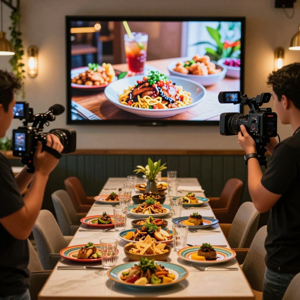 A vibrant and engaging scene of a restaurant advertising video shoot. In the foreground, a professional camera crew capturing footage of a beautifully arranged table with gourmet dishes, bright and colorful plates, and garnishes showcasing local Guatemalan cuisine. In the middle background, a large screen displays an engaging promotional video featuring the restaurant’s ambiance and enticing meals, with a focus on inviting visuals. The lighting is warm and inviting, highlighting the delicious food and creating an upbeat atmosphere. The setting is a modern dining area with stylish furnishings, decorated with plants and soft lighting. The overall mood is lively and professional, reflecting a creative advertising atmosphere without any text or logos visible. A vibrant and engaging scene of a restaurant advertising video shoot. In the foreground, a professional camera crew capturing footage of a beautifully arranged table with gourmet dishes, bright and colorful plates, and garnishes showcasing local Guatemalan cuisine. In the middle background, a large screen displays an engaging promotional video featuring the restaurant’s ambiance and enticing meals, with a focus on inviting visuals. The lighting is warm and inviting, highlighting the delicious food and creating an upbeat atmosphere. The setting is a modern dining area with stylish furnishings, decorated with plants and soft lighting. The overall mood is lively and professional, reflecting a creative advertising atmosphere without any text or logos visible.