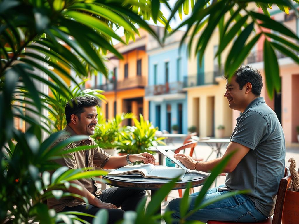 A vibrant and inviting scene set in a cozy outdoor café in Havana, Cuba, filled with colorful traditional buildings in the background. In the foreground, a professional Spanish tutor is sitting at a small round table with a tourist, both engaged in a lesson, surrounded by Spanish language books and notes. The tutor, dressed in modest casual clothing, is pointing at a notebook while smiling. The tourist, wearing casual yet neat attire, appears focused and curious. Lush tropical plants frame the scene, and the sunlight filters through the leaves, creating a warm and welcoming atmosphere. The angle is slightly elevated, giving depth to the background and emphasizing the connection between the tutor and the tourist, capturing the essence of personalized learning in a beautiful cultural setting. A vibrant and inviting scene set in a cozy outdoor café in Havana, Cuba, filled with colorful traditional buildings in the background. In the foreground, a professional Spanish tutor is sitting at a small round table with a tourist, both engaged in a lesson, surrounded by Spanish language books and notes. The tutor, dressed in modest casual clothing, is pointing at a notebook while smiling. The tourist, wearing casual yet neat attire, appears focused and curious. Lush tropical plants frame the scene, and the sunlight filters through the leaves, creating a warm and welcoming atmosphere. The angle is slightly elevated, giving depth to the background and emphasizing the connection between the tutor and the tourist, capturing the essence of personalized learning in a beautiful cultural setting.