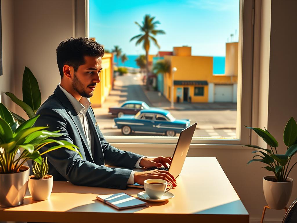 A vibrant and inviting scene set in a modern Cuban workspace, showcasing a young Cuban professional in business attire, intently using a laptop. The foreground features the individual sitting at a clean desk decorated with tropical plants, a cup of coffee, and a notepad, symbolizing productivity. In the middle, a window reveals a sunny street scene with classic Cuban cars and colorful buildings, creating a lively atmosphere. The background includes a hint of the ocean in the distance, under a clear blue sky. The overall lighting is bright and warm, casting natural shadows that enhance the welcoming feel. This image should evoke a sense of opportunity and empowerment, reflecting the essence of digital work-from-home possibilities in Cuba. A vibrant and inviting scene set in a modern Cuban workspace, showcasing a young Cuban professional in business attire, intently using a laptop. The foreground features the individual sitting at a clean desk decorated with tropical plants, a cup of coffee, and a notepad, symbolizing productivity. In the middle, a window reveals a sunny street scene with classic Cuban cars and colorful buildings, creating a lively atmosphere. The background includes a hint of the ocean in the distance, under a clear blue sky. The overall lighting is bright and warm, casting natural shadows that enhance the welcoming feel. This image should evoke a sense of opportunity and empowerment, reflecting the essence of digital work-from-home possibilities in Cuba.