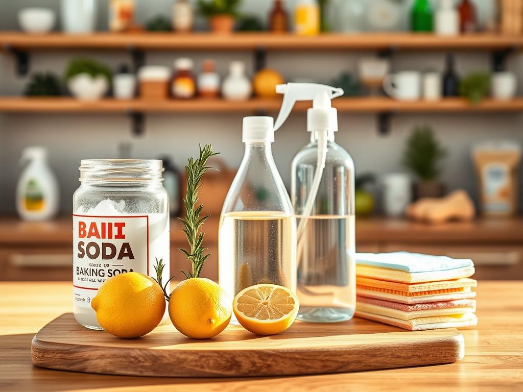 A vibrant and organized kitchen countertop showcasing key natural cleaning ingredients. In the foreground, display a jar of baking soda, a bottle of white vinegar, a fresh lemon, and a sprig of rosemary artfully arranged on a wooden cutting board. In the middle ground, include a sleek glass spray bottle filled with a natural cleaning solution, alongside a handful of biodegradable sponge cloths. The background features soft-focus shelves lined with various eco-friendly cleaning product bottles. Use warm, natural lighting to create a bright and inviting atmosphere, capturing the essence of a clean and sustainable lifestyle. The composition should evoke a sense of freshness and eco-consciousness, highlighting the beauty of natural cleaning methods. A vibrant and organized kitchen countertop showcasing key natural cleaning ingredients. In the foreground, display a jar of baking soda, a bottle of white vinegar, a fresh lemon, and a sprig of rosemary artfully arranged on a wooden cutting board. In the middle ground, include a sleek glass spray bottle filled with a natural cleaning solution, alongside a handful of biodegradable sponge cloths. The background features soft-focus shelves lined with various eco-friendly cleaning product bottles. Use warm, natural lighting to create a bright and inviting atmosphere, capturing the essence of a clean and sustainable lifestyle. The composition should evoke a sense of freshness and eco-consciousness, highlighting the beauty of natural cleaning methods.