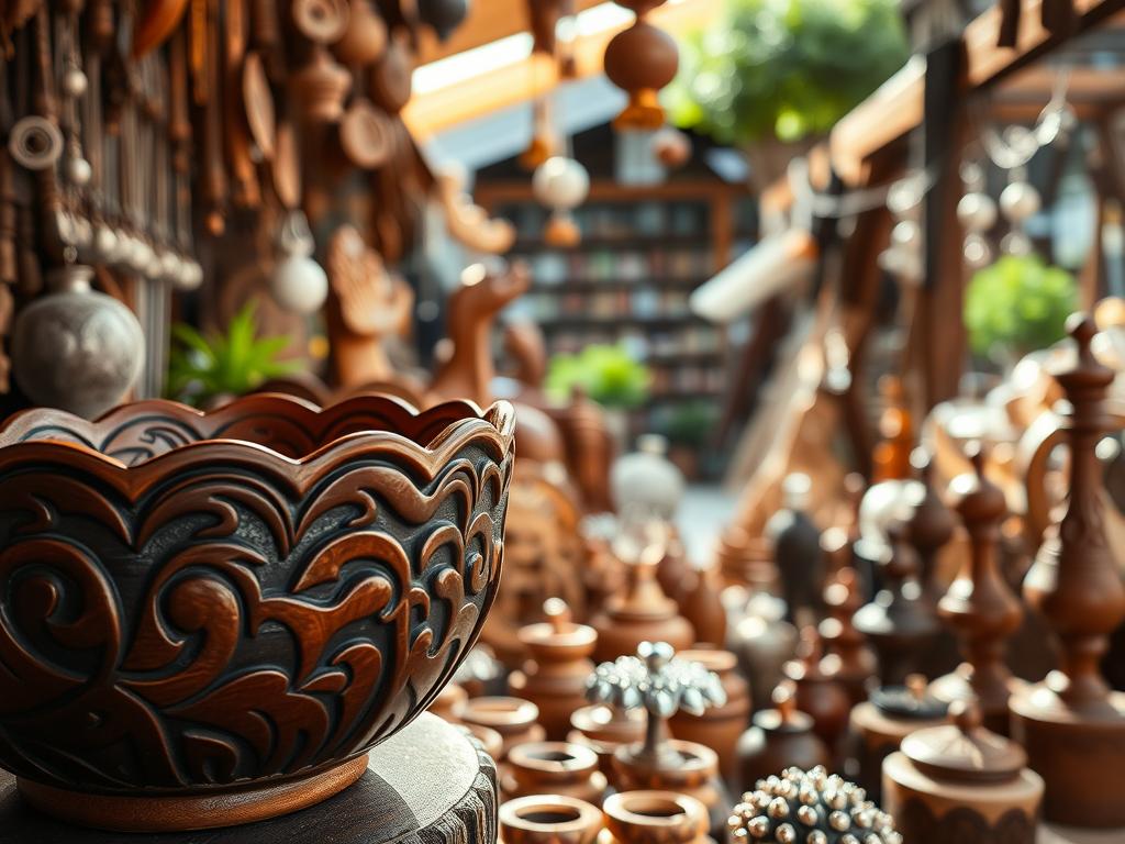 A vibrant artisan market scene showcasing beautifully crafted wooden artisanal items. In the foreground, a finely detailed wooden bowl, adorned with intricate carvings, catches the light, highlighting its rich texture and deep brown hue. The middle ground features an array of wooden sculptures and trinkets, each showcasing the skill of talented craftspeople. Soft, warm lighting bathes the scene, creating an inviting atmosphere. In the background, blurred imagery of stalls filled with silver and tin crafts suggests a bustling marketplace, with hints of natural greenery peeking through. The perspective is slightly elevated, capturing the depth of the market, evoking a sense of exploration and discovery. Overall, the mood is warm and inviting, celebrating the craftsmanship of madera in artisan work. A vibrant artisan market scene showcasing beautifully crafted wooden artisanal items. In the foreground, a finely detailed wooden bowl, adorned with intricate carvings, catches the light, highlighting its rich texture and deep brown hue. The middle ground features an array of wooden sculptures and trinkets, each showcasing the skill of talented craftspeople. Soft, warm lighting bathes the scene, creating an inviting atmosphere. In the background, blurred imagery of stalls filled with silver and tin crafts suggests a bustling marketplace, with hints of natural greenery peeking through. The perspective is slightly elevated, capturing the depth of the market, evoking a sense of exploration and discovery. Overall, the mood is warm and inviting, celebrating the craftsmanship of madera in artisan work.