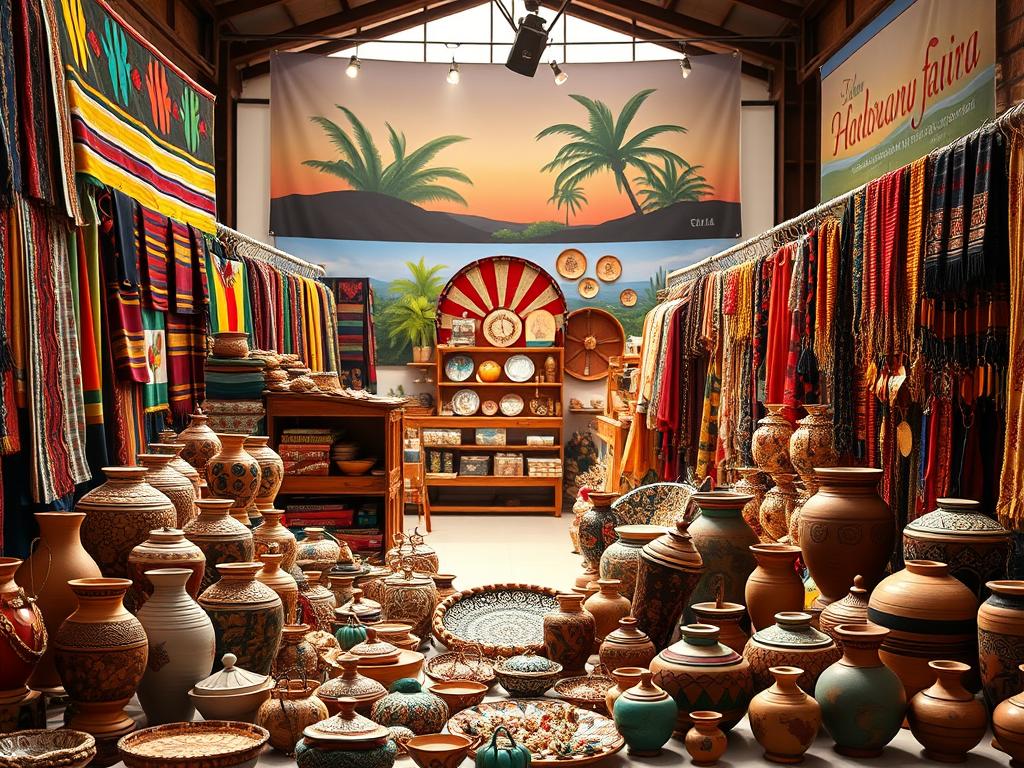 A vibrant, bustling virtual marketplace scene focusing on colorful handcrafted Cuban artisan products, such as textiles, pottery, and jewelry, displayed prominently on a digital platform. In the foreground, a well-lit arrangement showcases a variety of items with intricate details, inviting viewers to appreciate their craftsmanship. The middle ground features an engaging layout of the virtual fair, with a gentle gradient of light casting a warm, inviting glow. In the background, abstract representations of tropical Cuban landscapes subtly enhance the cultural connection without overwhelming the focus on the products. Soft, natural lighting highlights the textures and colors, creating an atmosphere of excitement and anticipation, perfect for online shopping. Ensure the image embodies a professional aesthetic, suitable for discerning quality assessment.