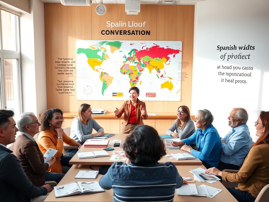 A vibrant classroom scene illustrating a communicative and engaging Spanish learning methodology. In the foreground, a diverse group of adults from various backgrounds are seated around a table filled with Spanish language materials: textbooks, flashcards, and conversation prompts. They are animatedly discussing and laughing, dressed in smart casual clothing. In the middle, a dynamic instructor guides the session, utilizing gestures to emphasize key concepts. The background features a colorful world map highlighting Spanish-speaking countries, along with inspirational quotes about language learning on the walls. The setting is well-lit with natural light streaming through large windows, creating a warm and inviting atmosphere. The overall mood is cheerful and productive, reflecting the joy of learning through conversation. A vibrant classroom scene illustrating a communicative and engaging Spanish learning methodology. In the foreground, a diverse group of adults from various backgrounds are seated around a table filled with Spanish language materials: textbooks, flashcards, and conversation prompts. They are animatedly discussing and laughing, dressed in smart casual clothing. In the middle, a dynamic instructor guides the session, utilizing gestures to emphasize key concepts. The background features a colorful world map highlighting Spanish-speaking countries, along with inspirational quotes about language learning on the walls. The setting is well-lit with natural light streaming through large windows, creating a warm and inviting atmosphere. The overall mood is cheerful and productive, reflecting the joy of learning through conversation.
