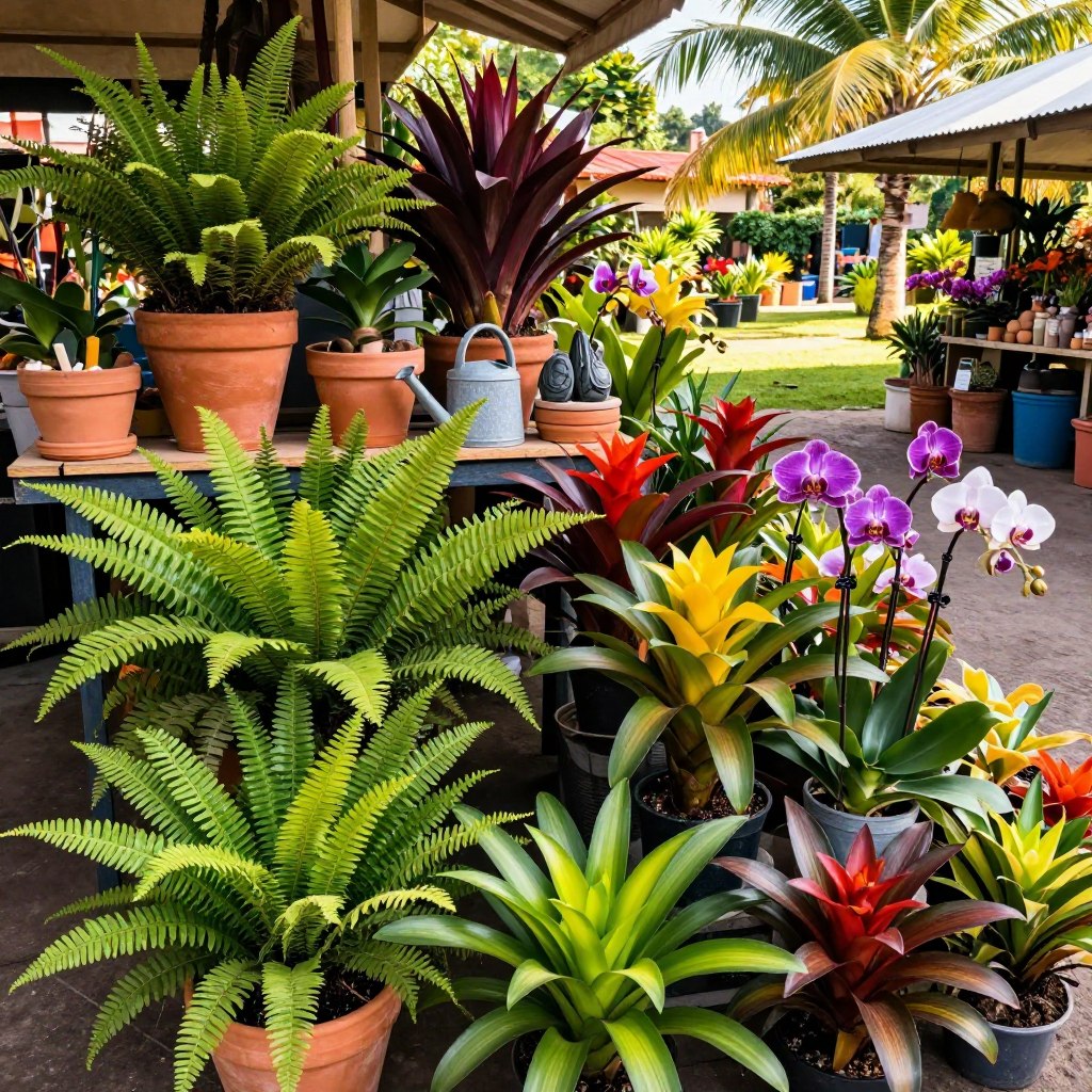 A vibrant display of ornamental plants commonly found in Guatemala, showcasing a variety of species such as lush ferns, colorful bromeliads, and flowering orchids. In the foreground, a collection of potted plants is artfully arranged, featuring intricate details of the leaves and blossoms. The middle ground presents an inviting market stall, with terracotta pots and plant accessories like watering cans and decorative stones. The background reveals a sunny, tropical garden scene with palm trees and a serene atmosphere, bathed in warm, natural light. The composition is captured from a slightly elevated angle to emphasize depth and detail, evoking a sense of tranquility and abundance in the plant market. The overall mood is fresh, lively, and inviting. A vibrant display of ornamental plants commonly found in Guatemala, showcasing a variety of species such as lush ferns, colorful bromeliads, and flowering orchids. In the foreground, a collection of potted plants is artfully arranged, featuring intricate details of the leaves and blossoms. The middle ground presents an inviting market stall, with terracotta pots and plant accessories like watering cans and decorative stones. The background reveals a sunny, tropical garden scene with palm trees and a serene atmosphere, bathed in warm, natural light. The composition is captured from a slightly elevated angle to emphasize depth and detail, evoking a sense of tranquility and abundance in the plant market. The overall mood is fresh, lively, and inviting.