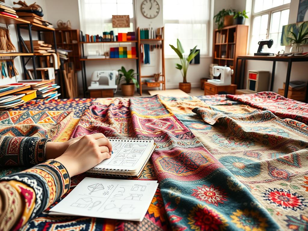 A vibrant display of traditional textile art, showcasing an array of intricate patterns and textures on fabric swatches laid out in an inviting, creative workspace. In the foreground, a designer's hands are seen skillfully arranging colorful, handwoven fabrics adorned with geometric shapes and floral motifs, while a sketchbook filled with design ideas lies nearby. The middle ground features shelves lined with tools like scissors, sewing machines, and color palettes, emphasizing an artistic vibe. In the background, soft, natural light filters through large windows, creating a warm and inspiring atmosphere. The scene exudes creativity and innovation, embodying the essence of contemporary trends in textile design, suitable for a modern Etsy shop. A vibrant display of traditional textile art, showcasing an array of intricate patterns and textures on fabric swatches laid out in an inviting, creative workspace. In the foreground, a designer's hands are seen skillfully arranging colorful, handwoven fabrics adorned with geometric shapes and floral motifs, while a sketchbook filled with design ideas lies nearby. The middle ground features shelves lined with tools like scissors, sewing machines, and color palettes, emphasizing an artistic vibe. In the background, soft, natural light filters through large windows, creating a warm and inspiring atmosphere. The scene exudes creativity and innovation, embodying the essence of contemporary trends in textile design, suitable for a modern Etsy shop.